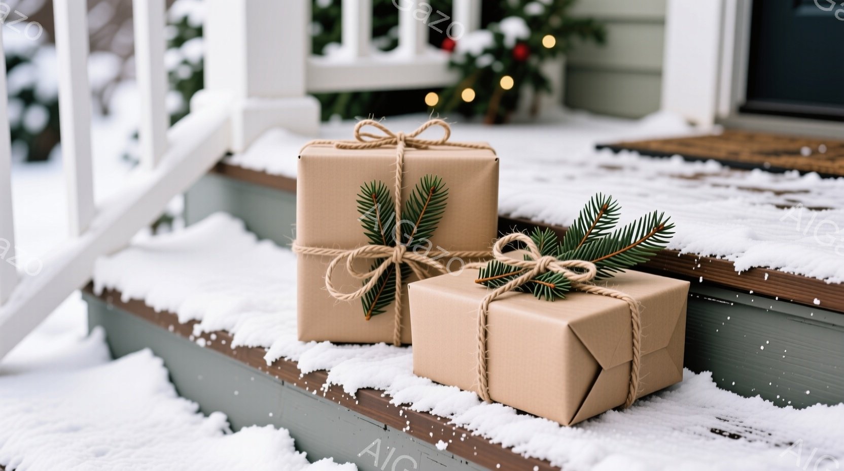 灰緑色の階段に、茶色の包装紙で丁寧に包まれたプレゼントが二つ置かれています。それぞれのプレゼントには、松の葉が飾りとして結び付けられており、素朴で温かい印象を与えます。背景には白い雪が積もり、クリスマ - AI生成フリー素材