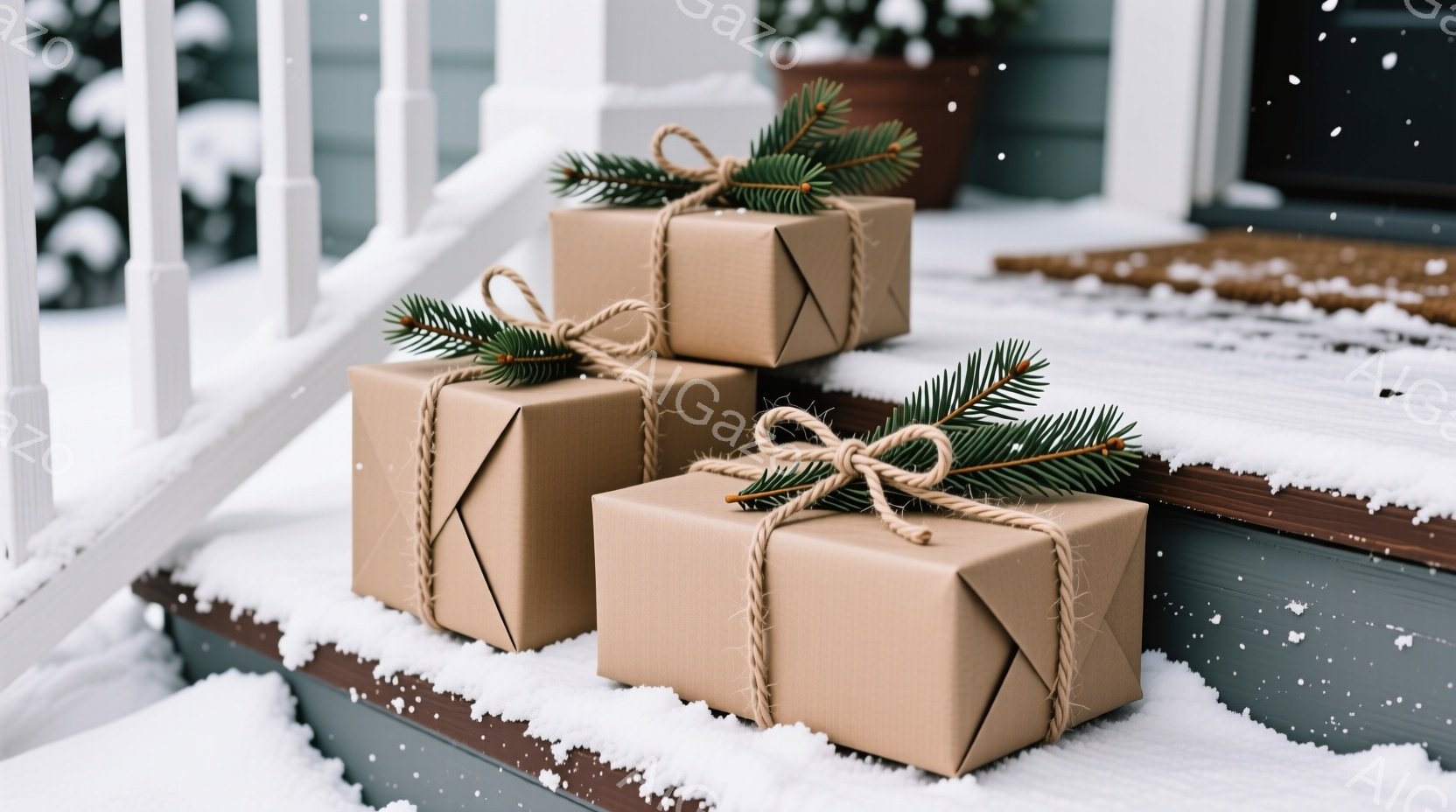 雪が降る家の外の階段に置かれた3つの茶色のギフトボックスが写っています。各ボックスは麻紐で結ばれ、緑の葉っぱが飾られています。背景には雪で覆われた階段と家の外観が見え、全体的に温かく、冬の穏やかな雰囲気が漂っています。