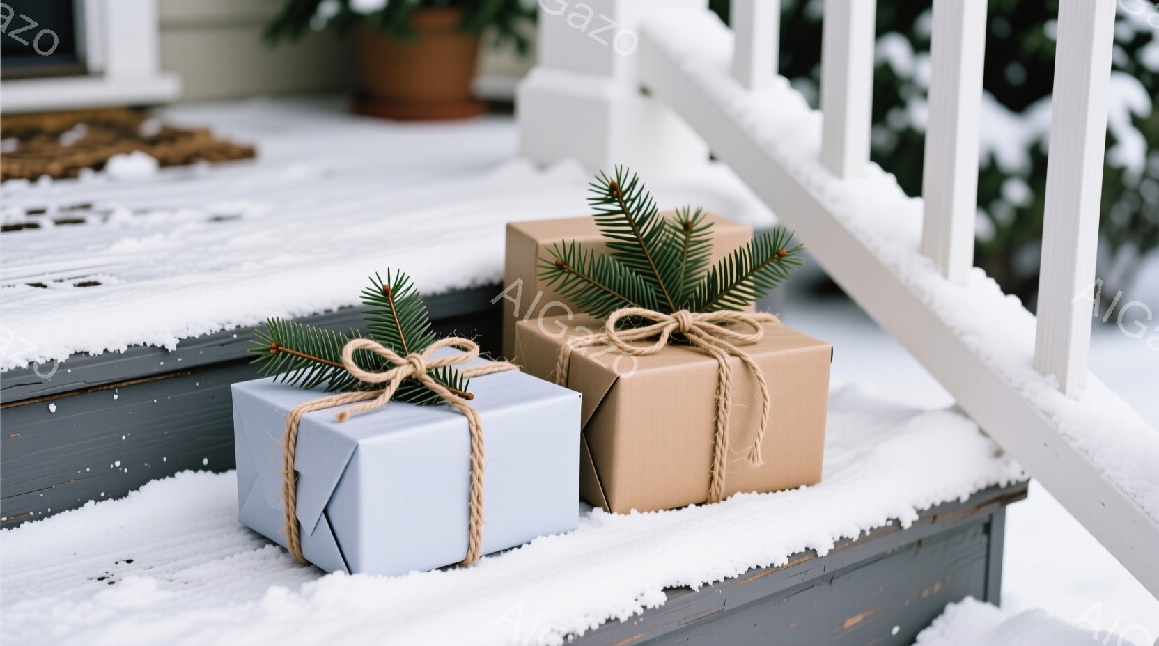 雪が降る家の階段に、包装紙で丁寧に包まれた二つのプレゼントが置かれています。青いプレゼントと茶色のプレゼントは、それぞれ麻紐で結ばれ、短い松の枝が飾られています。背景には白い手すりと、わずかに見える植物の鉢があり、静かで温かい冬の雰囲気が漂っています。