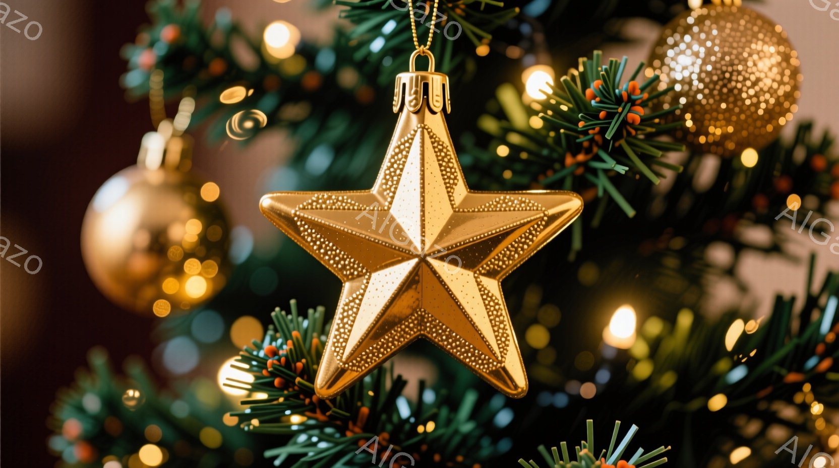 黄金色の星型オーナメントが、クリスマスツリーの緑の葉と赤い実の間で光り輝いている。背景にはぼやけた光が散りばめられ、暖かく幻想的な雰囲気を醸し出している。このオーナメントは、ホリデーシーズンのお祝いを - AI生成フリー素材