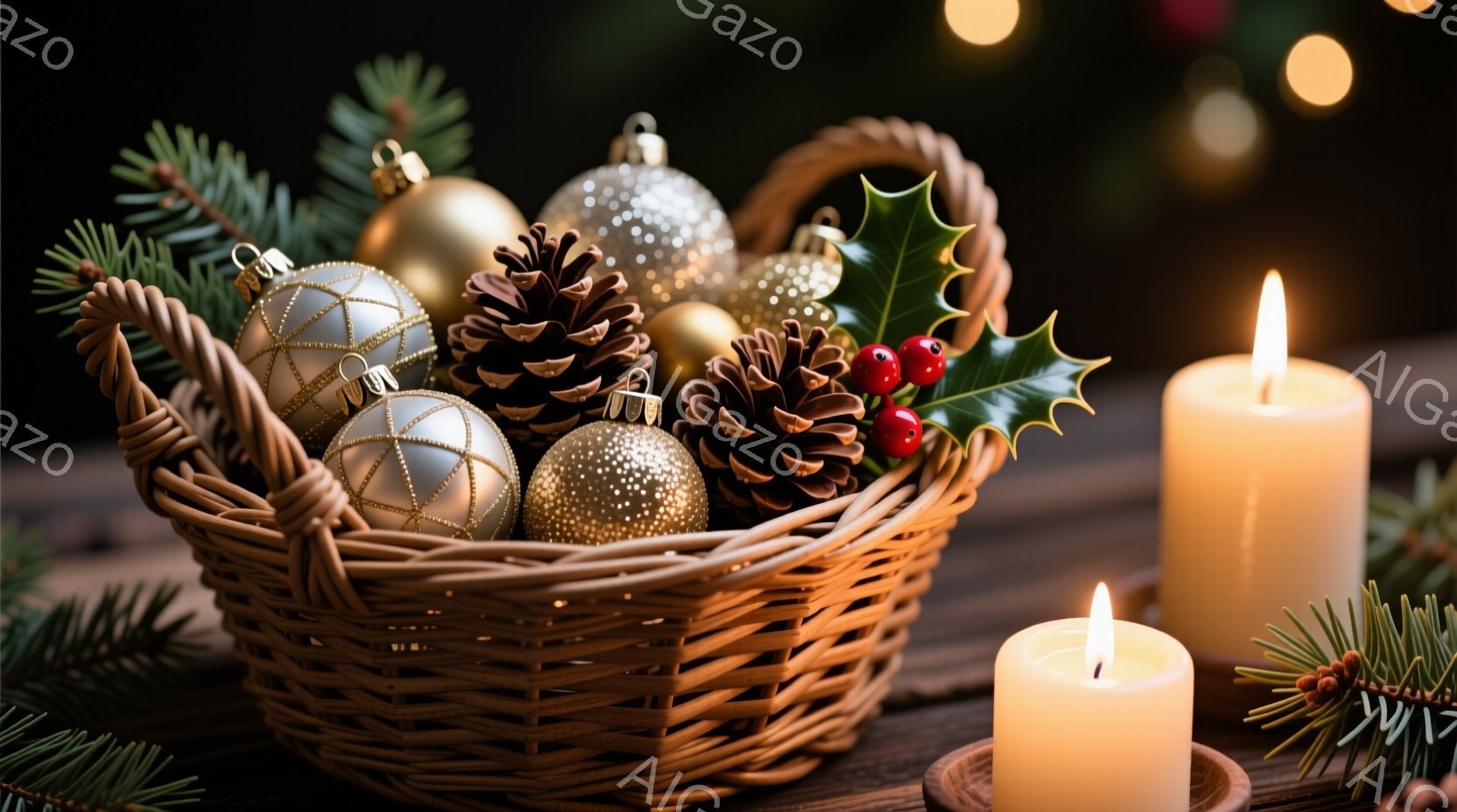 籠の中に、金と銀のクリスマスオーナメント、松ぼっくり、赤い実のついた葉が混ざり合って入っています。背景は暗く、ぼんやりとした光が点在し、暖かく穏やかな冬の雰囲気を醸し出しています。２本の白いキャンドル - AI生成フリー素材