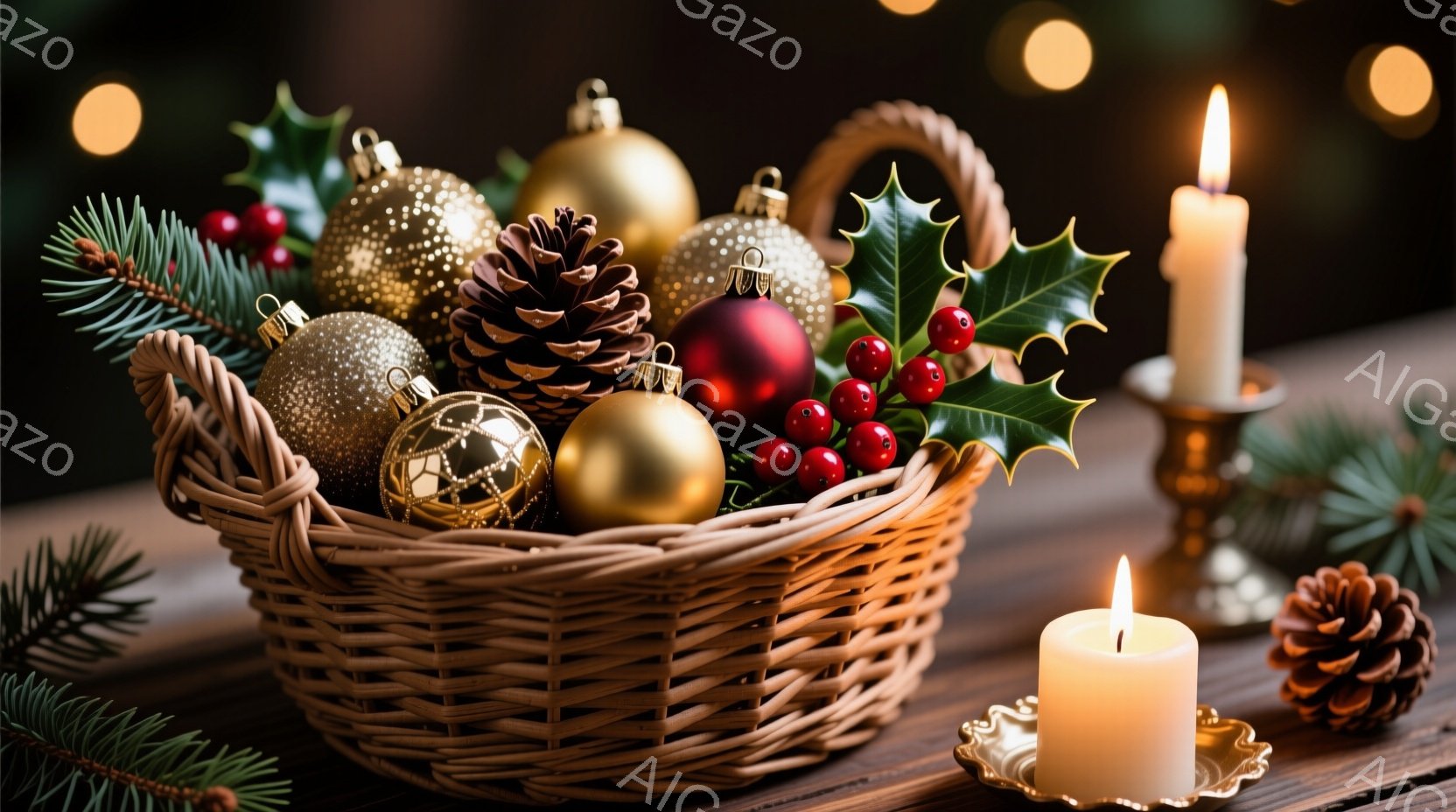 籐製のバスケットの中に、金と赤のクリスマスオーナメント、松ぼっくり、そして常緑の葉が美しく配置されています。 ろうそくが2本、バスケットの傍らに置かれ、暖かく、お祝いの雰囲気を醸し出しています。 背景 - AI生成フリー素材