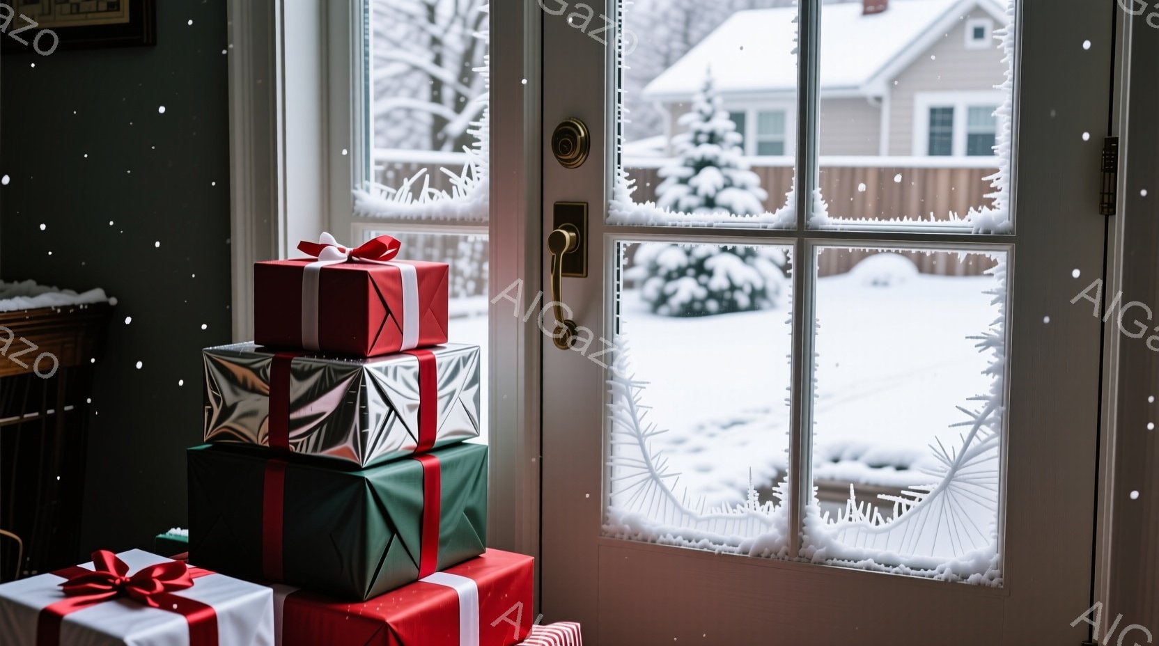 白い窓枠のドアが開いており、雪景色が見える。ドアの内側には、赤、緑、銀色のリボンで飾られたプレゼントが積み重ねられている。全体的に暖かく、冬の穏やかな雰囲気が漂う、家族的な光景である。