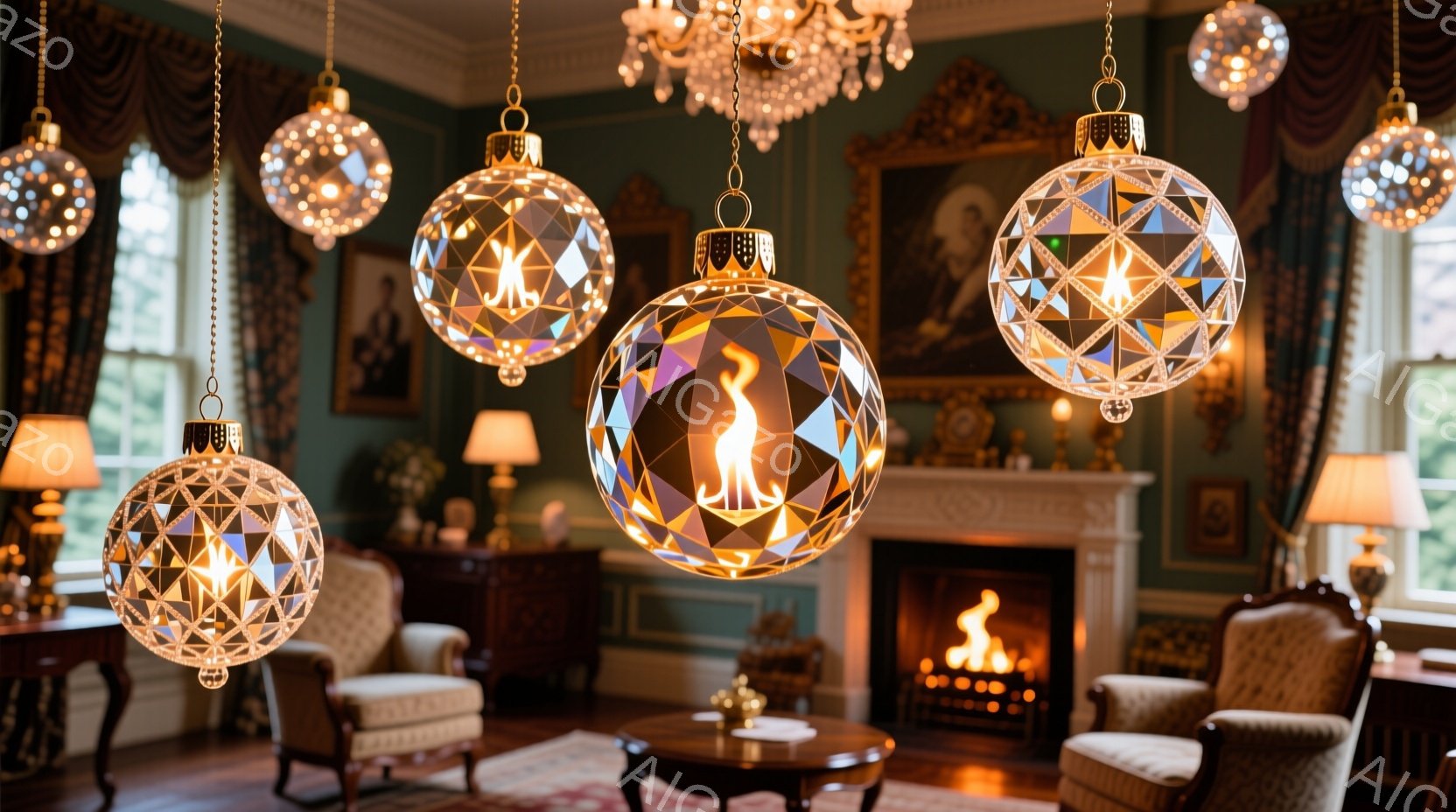 豪華なリビングルームには、クリスマスのオーナメントのような幾何学模様のガラス製キャンドルホルダーが複数吊り下げられています。暖炉には炎が燃え盛り、部屋全体を温かい光で照らしており、クラシカルな家具や緑色の壁が高級感を醸し出しています。全体の雰囲気は、華やかで温かく、クリスマスの祝祭気分を演出しています。