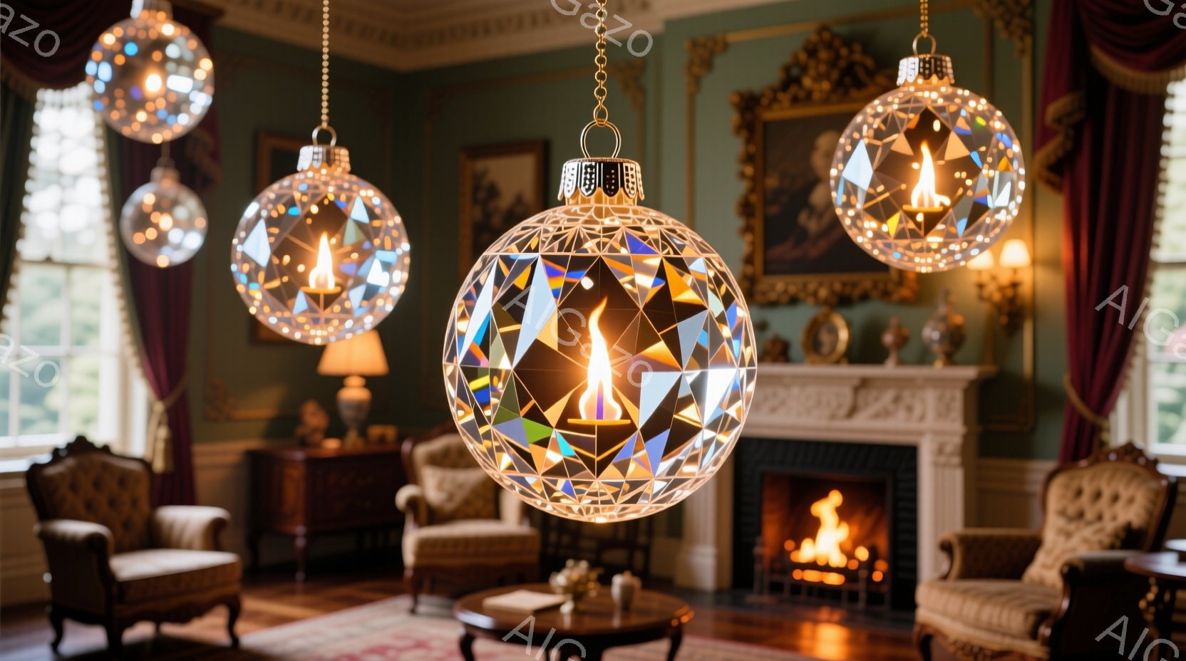 暖炉のある優雅なリビングルームには、幾何学模様のガラス球が吊り下げられ、内部に灯がともっています。部屋はアンティーク調の家具や暖色系の照明で彩られ、落ち着いた雰囲気を醸し出しています。暖炉の炎とガラス - AI生成フリー素材