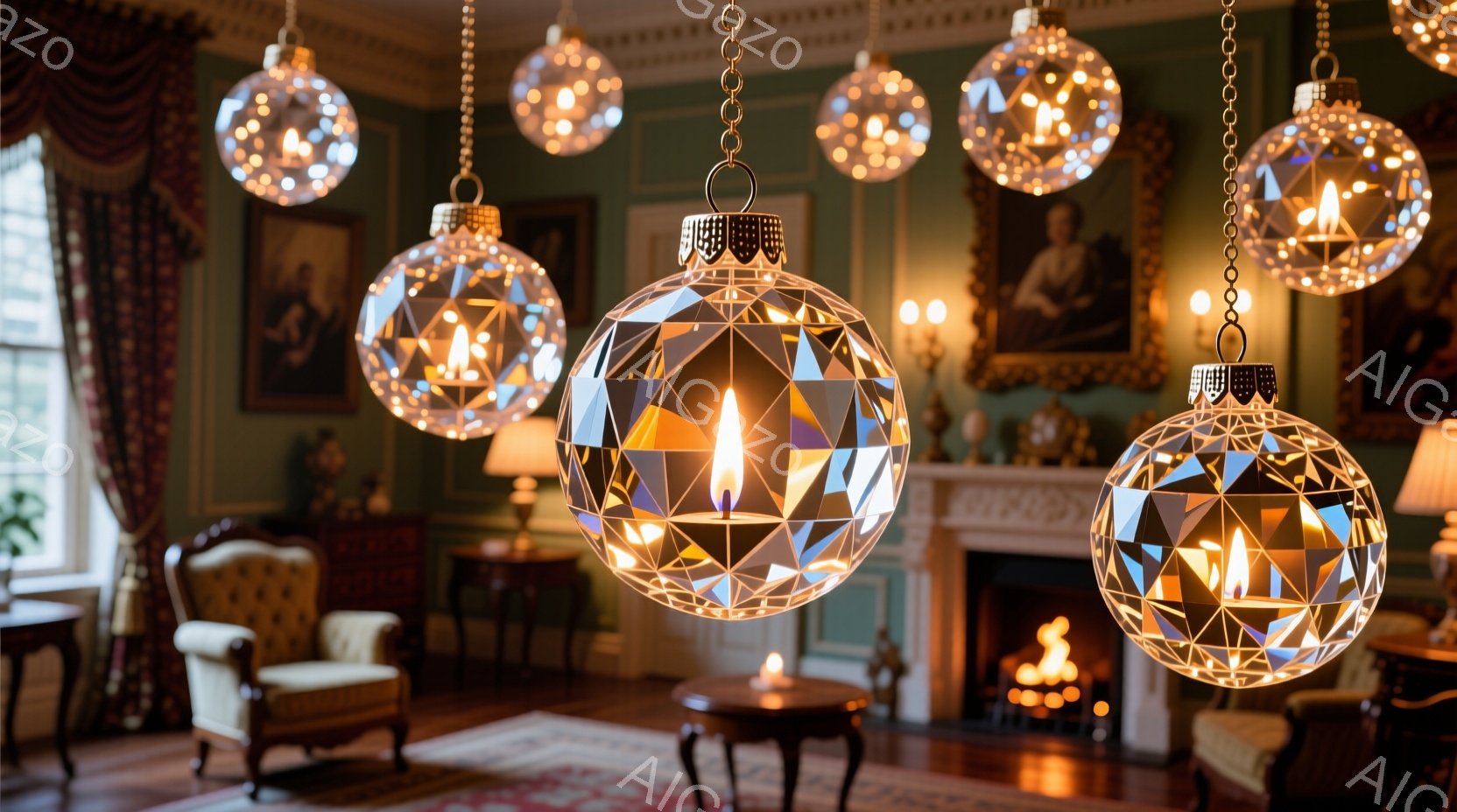 部屋は暖炉があり、豪華な内装で、クリスマスの装飾が施されたシャンデリアのような球体の照明が天井から吊り下げられています。暖炉の中で炎が揺らめき、部屋全体に温かい光が広がっています。全体的に、優雅で落ち - AI生成フリー素材