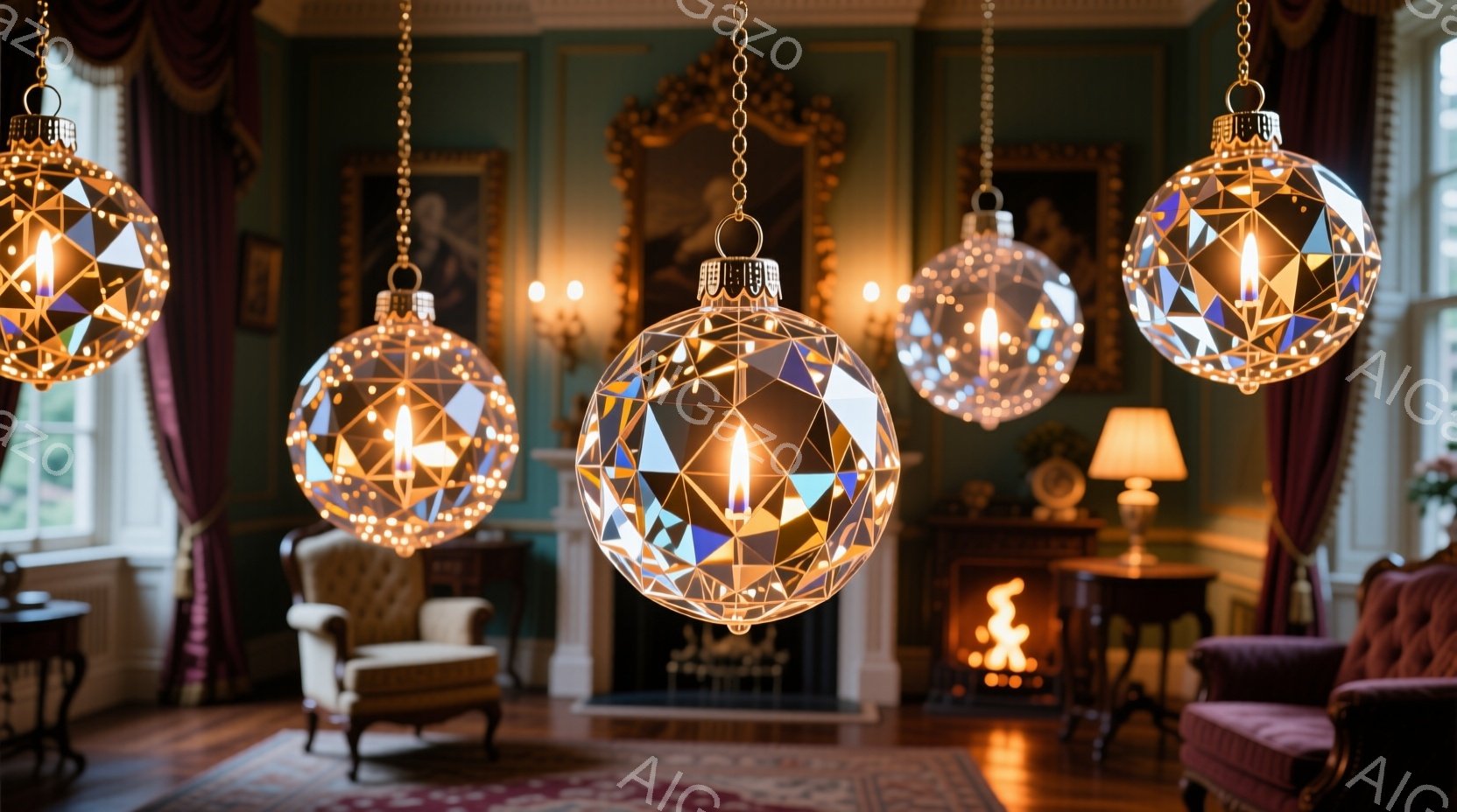 豪華な応接室には、幾何学的な模様が施されたクリスマスのオーナメントが複数吊り下げられています。暖炉の光とオーナメント内部の電球が暖かく輝き、ベルベットのソファやアンティーク調の家具と調和し、優雅で落ち着いたクリスマスの雰囲気を醸し出しています。深い赤とゴールドの色調が、季節の暖かさと豊かさを強調しています。