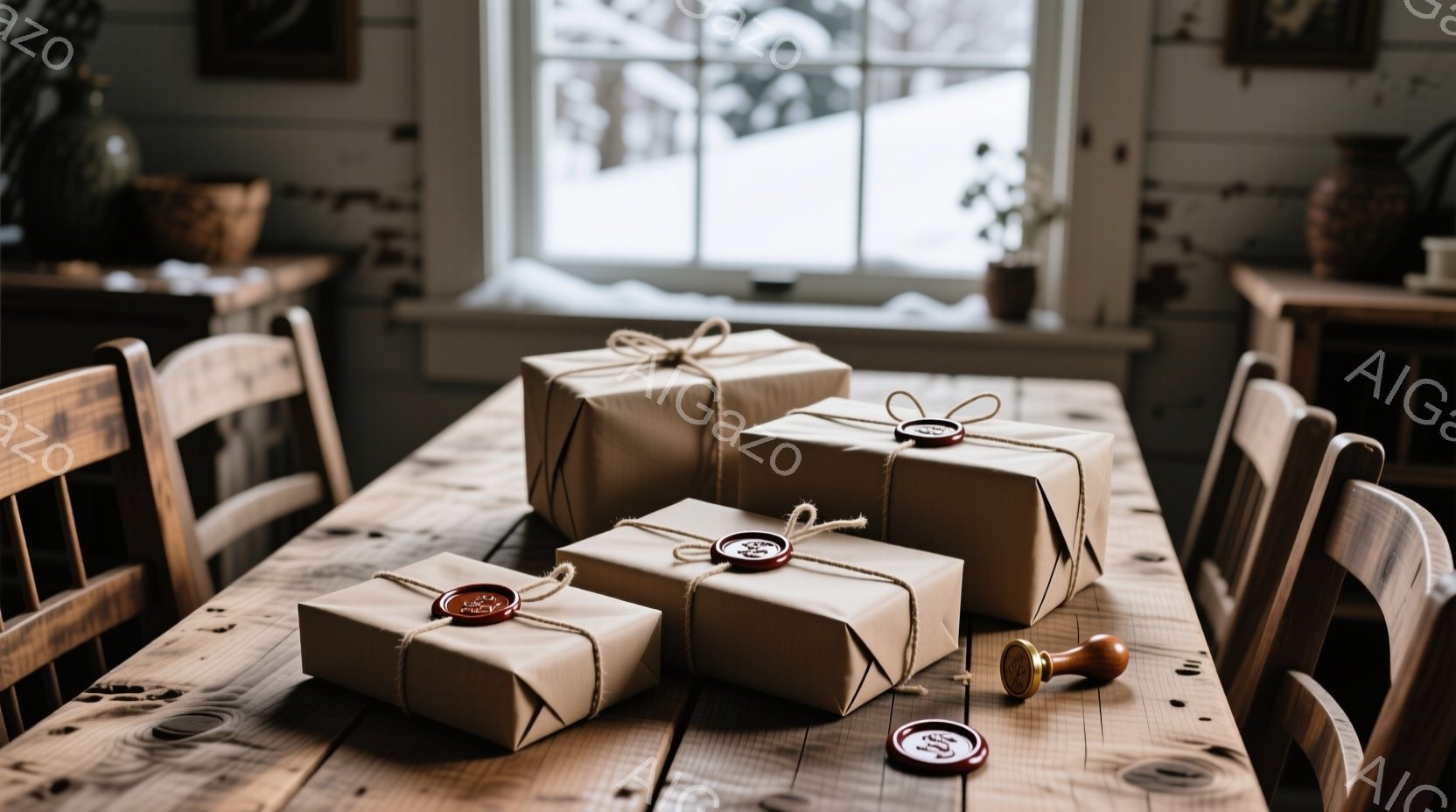無垢なクラフト紙で丁寧に包まれたプレゼントが、古びた木製のテーブルの上に並べられています。赤色のワックスシールがそれぞれの包み紙に飾られ、暖かく落ち着いた雰囲気を醸し出しています。背景には、雪景色が見える窓と、素朴な木製の椅子が配置され、冬の静寂と温かさを感じさせる空間です。