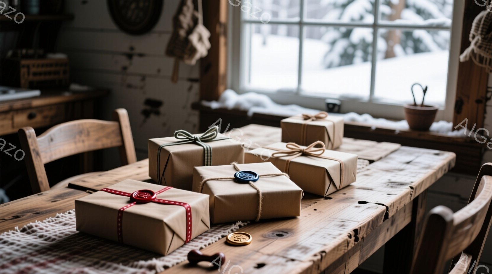 茶色い包装紙で丁寧に包まれたプレゼントが、木製のテーブルの上に並べられています。窓の外には雪景色が広がり、暖炉と白い壁が背景に見え、冬の穏やかな雰囲気を醸し出しています。テーブルはランチョンマットで覆 - AI生成フリー素材