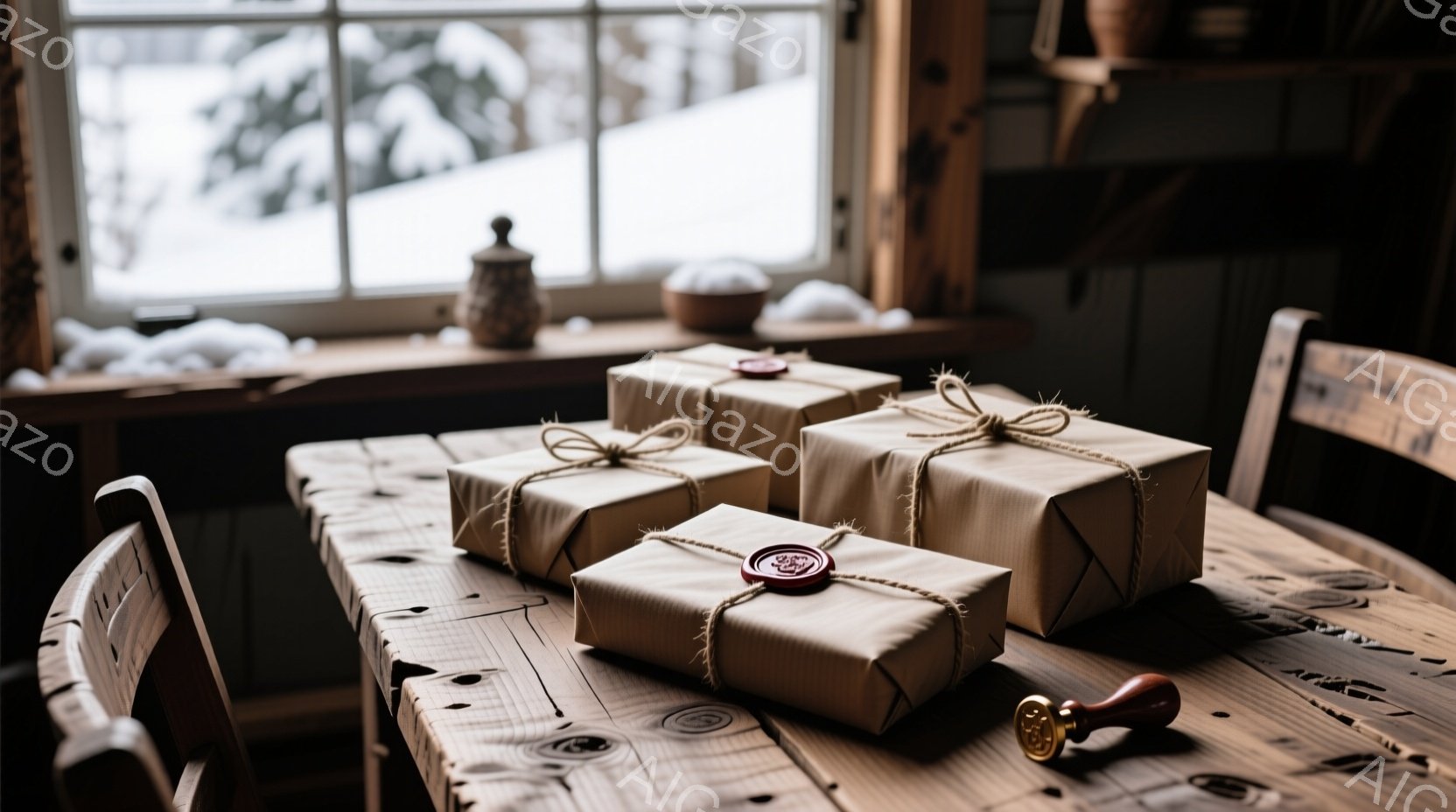 古びた木製のテーブルの上に、麻紐で結ばれた包装紙で包まれたプレゼントがいくつか置かれています。窓の外には雪景色が広がり、テーブルの隅には蝋印が転がされています。全体的に暖かく、静かで、冬の穏やかな雰囲気が漂っています。