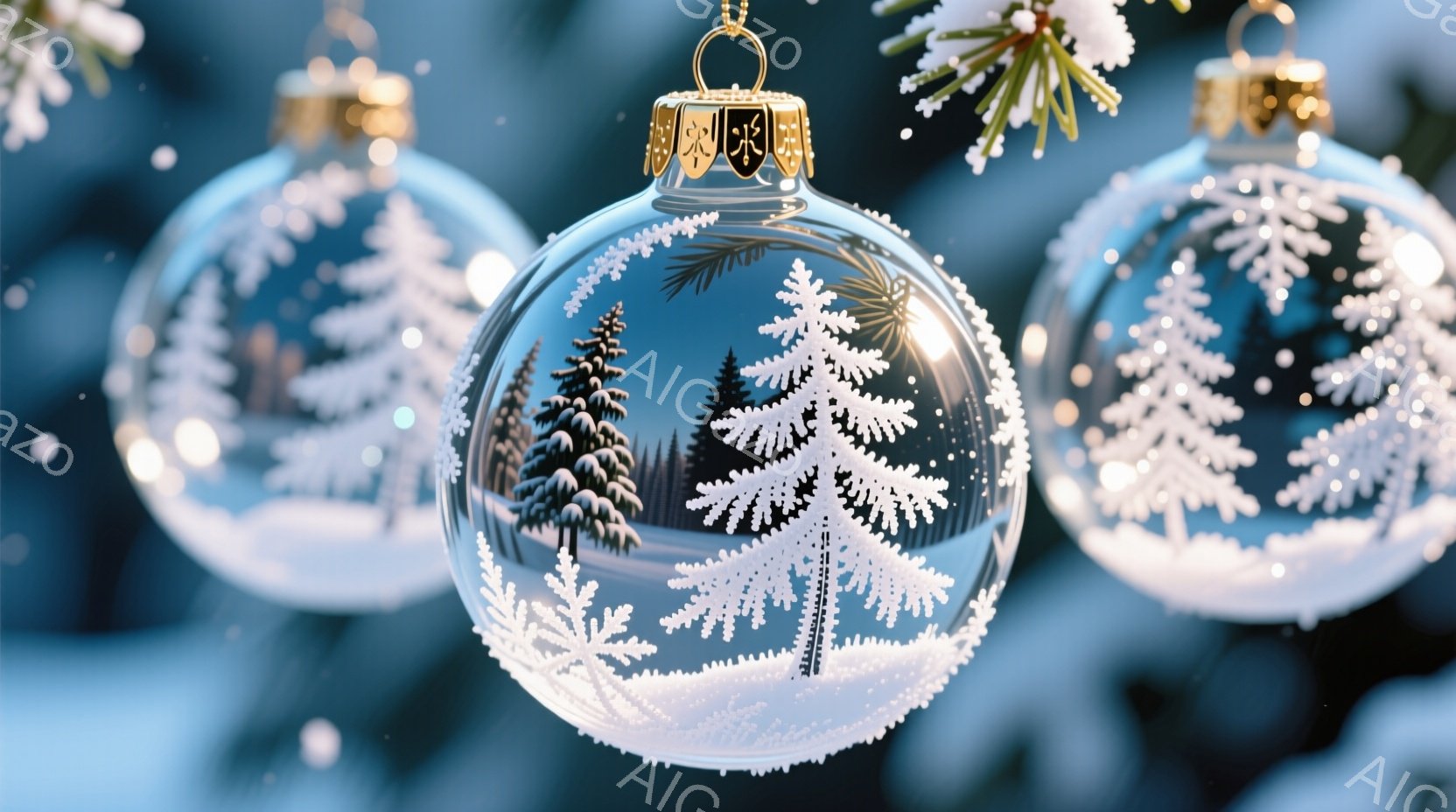 鮮やかなブルーを基調としたクリスマスオーナメントが複数、写真の中に写っています。透明な球体の中に、雪景色が描かれており、白く輝く雪の結晶と針葉樹のシルエットが幻想的な雰囲気を醸し出しています。背景はぼ - AI生成フリー素材