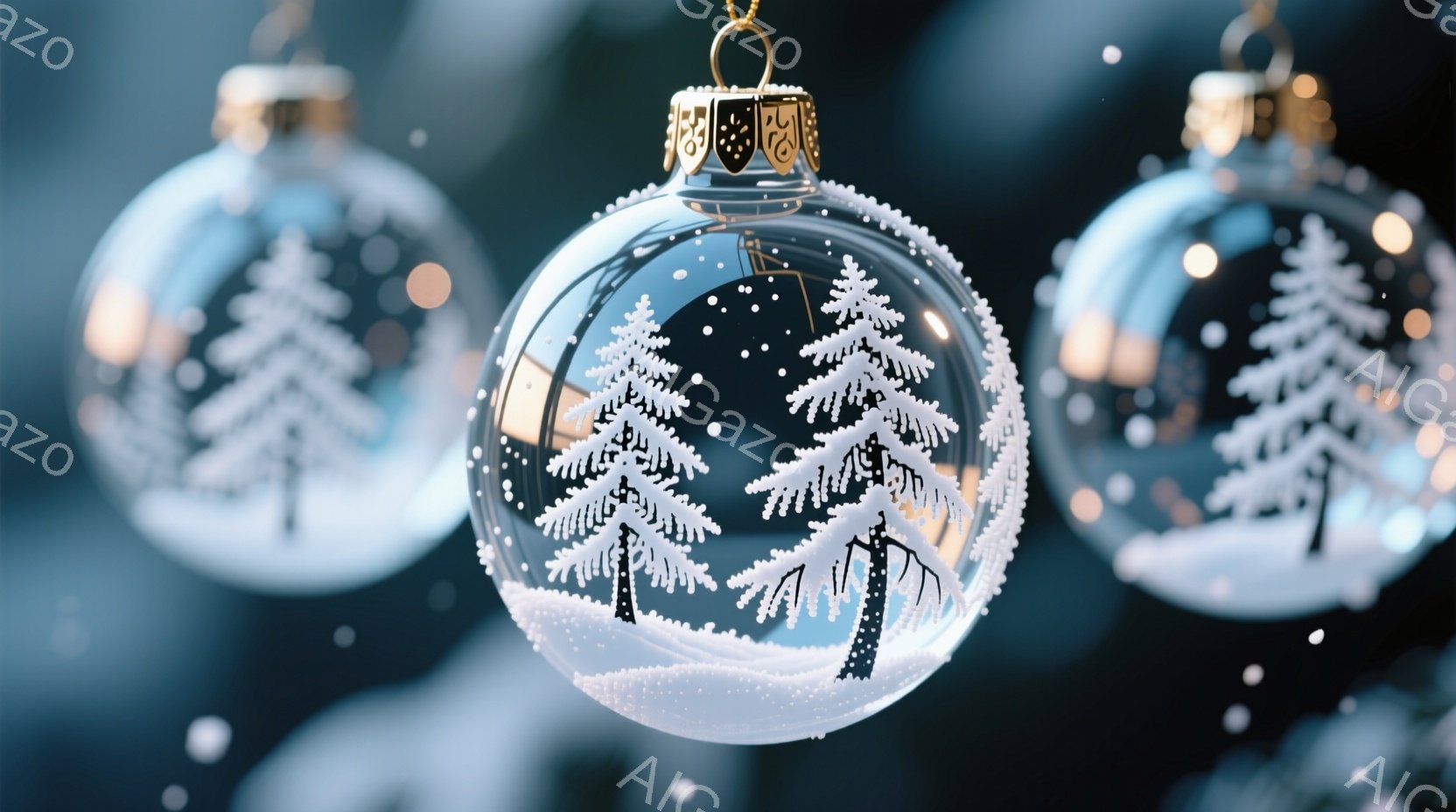雪景色が描かれたクリスマスのオーナメントが複数写っています。透明な球体の中に、雪をまとった針葉樹林と白い雪原が再現されており、冬の幻想的な雰囲気が漂います。背景はぼやけており、オーナメントに焦点が当てられています。