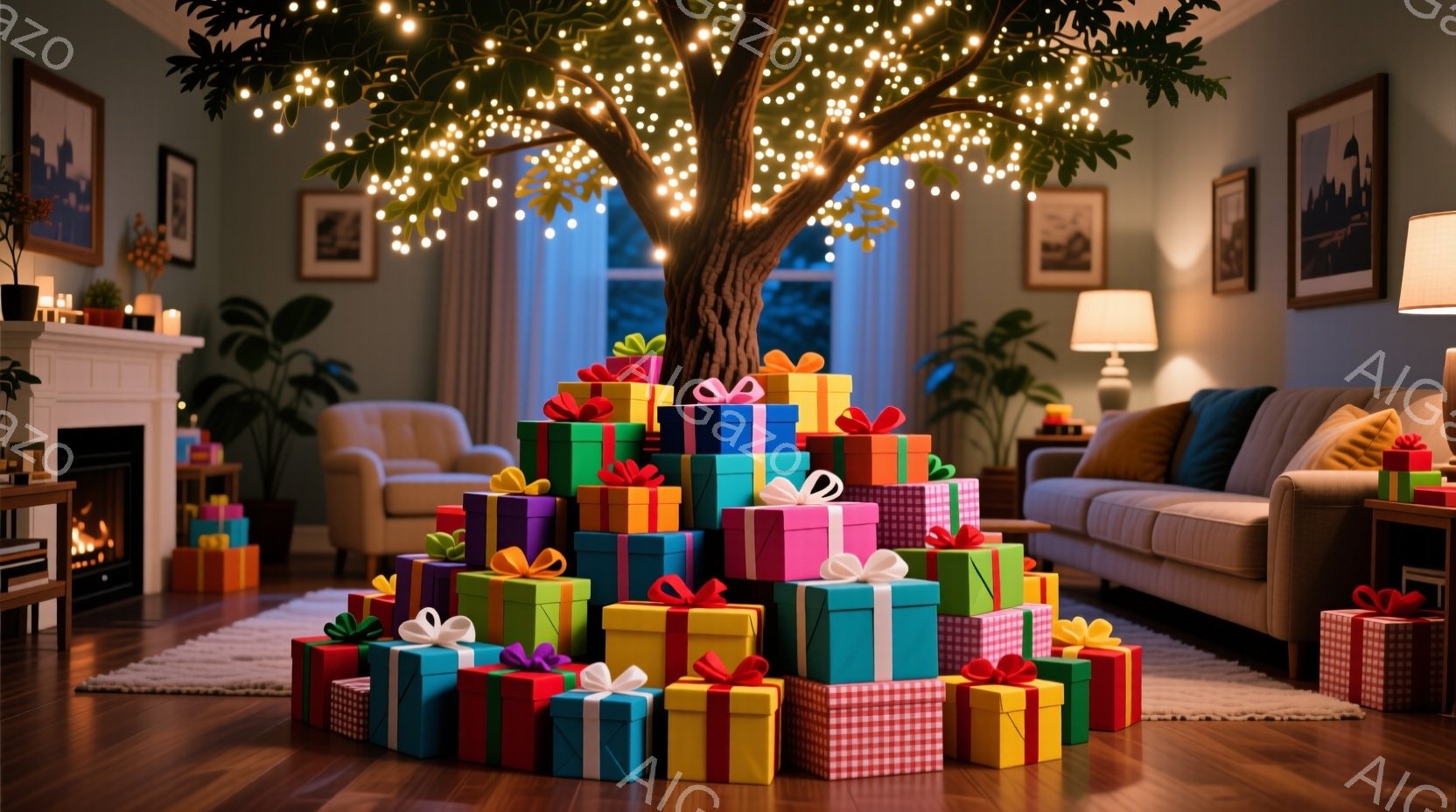 居心地の良いリビングルームには、クリスマスツリーの代わりに、様々な色と柄のギフトボックスが積み上げられたピラミッド型の構造物が中央にあります。暖炉の火が暖かく輝き、部屋全体を照らし、背景にはソファと装 - AI生成フリー素材
