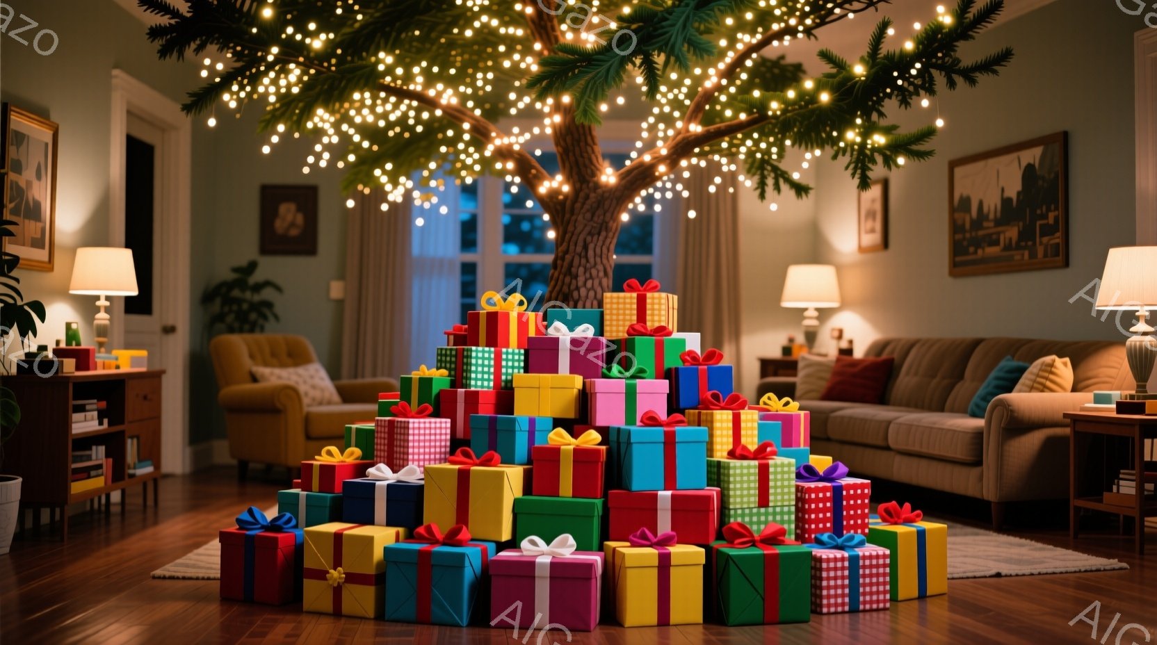 部屋の中央には、色とりどりの包装紙で飾られたプレゼントの山が積み上げられています。背景には、暖色系のソファと観葉植物が見え、壁には絵画が飾られています。全体的に暖かく、お祝いの雰囲気で、クリスマスや誕 - AI生成フリー素材