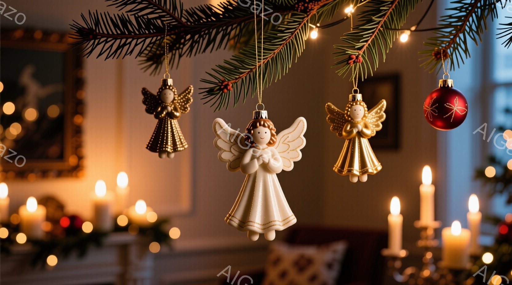 クリスマスツリーの枝に、白と金色の天使のオーナメントが飾られています。天使たちはそれぞれ異なるドレスを着ており、穏やかな表情で翼を広げています。背景には、ぼやけたクリスマスツリーのライトとキャンドルの - AI生成フリー素材