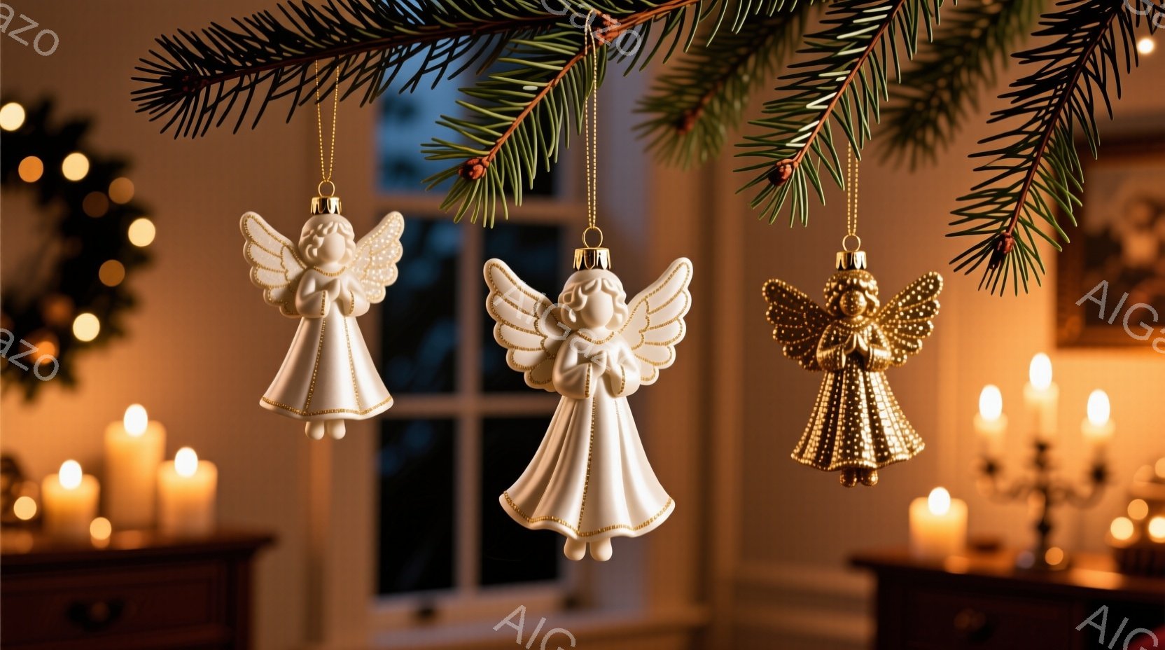 白い窓辺に、リボンのかかった茶色のギフトボックスが2つ並んでいる。背景には雪が降り積もる街並みがぼんやりと見え、クリスマスの飾り付けの一部であるかのように、穏やかで温かい雰囲気を醸し出している。雪景色 - AI生成フリー素材