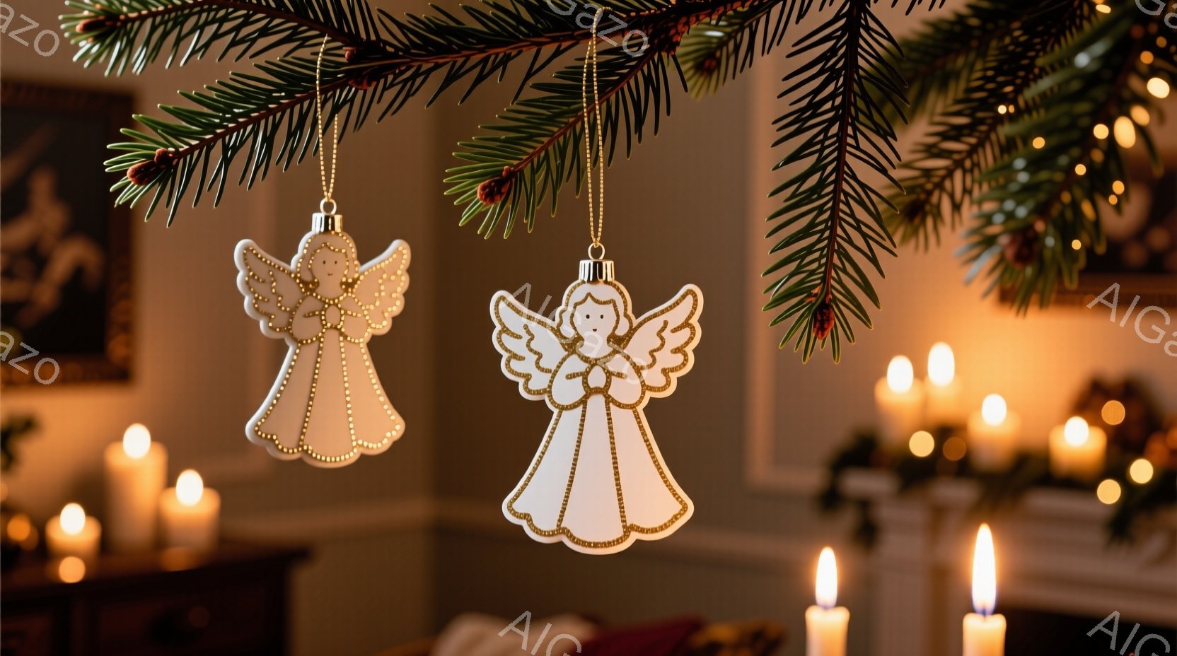 暖炉の前で、クリスマスツリーの枝に二つの天使のオーナメントが吊り下げられています。オーナメントは白地に金色の縁取りがあり、繊細なデザインが施されています。背景には暖炉の火が灯り、ロウソクの光が柔らかく - AI生成フリー素材