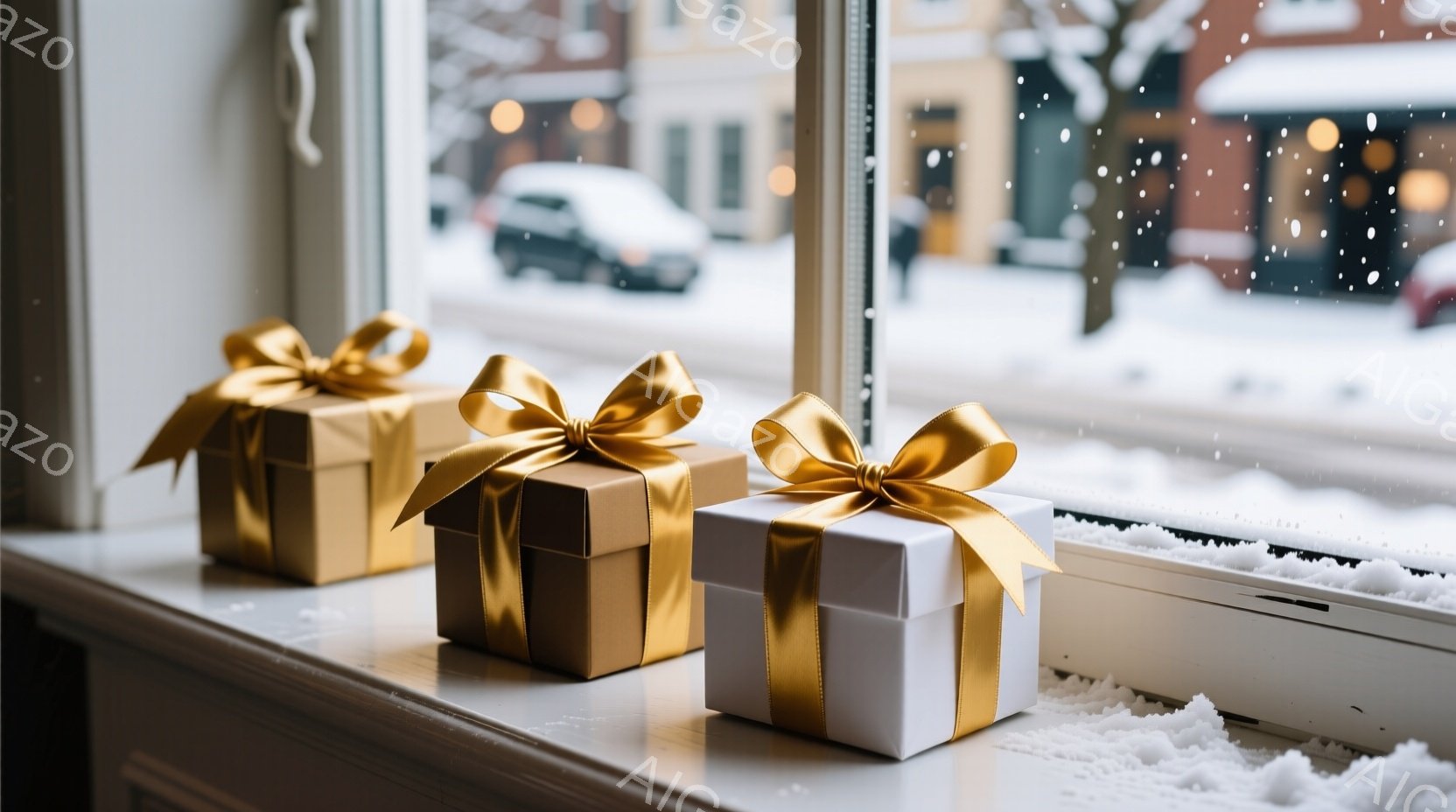 白い窓辺に、金色のリボンで結ばれたギフトボックスが三つ並んでいる。背景には雪が降り積もる街並みがぼんやりと見え、冬の静かで穏やかな雰囲気を醸し出している。贈り物と雪景色が組み合わさり、温かく、お祝いム - AI生成フリー素材
