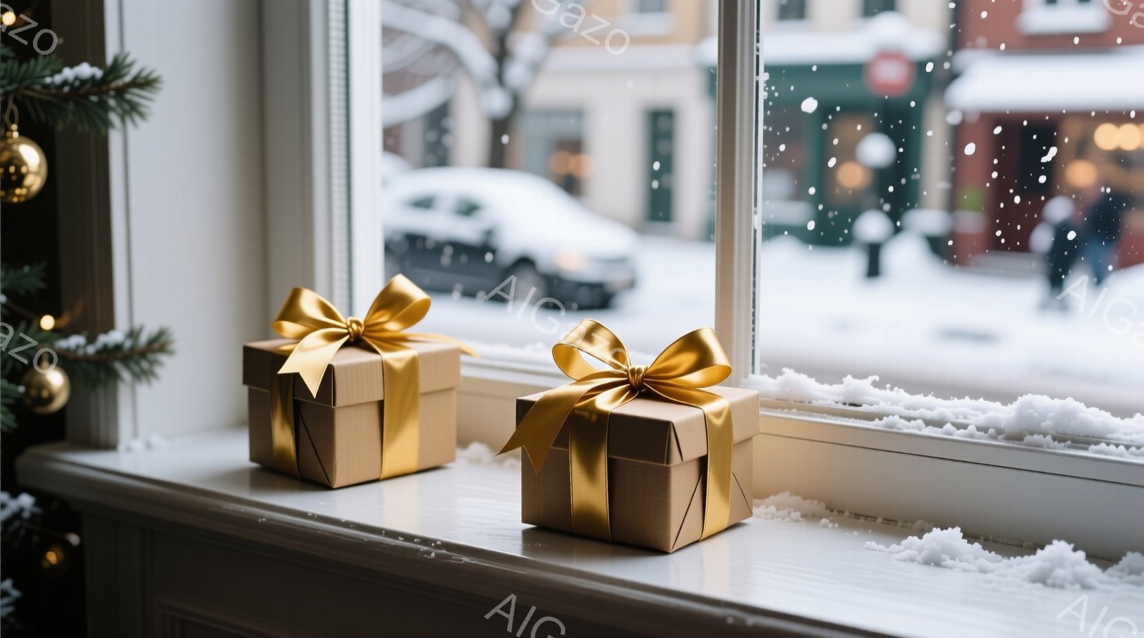 白い窓辺に、茶色の包装紙で丁寧にラッピングされたギフトボックスが二つ並んでいる。背景には雪が降り積もり、ぼやけた街並みが見え、冬の静かで穏やかな雰囲気が漂っている。クリスマスツリーの一部が左端に映り込 - AI生成フリー素材