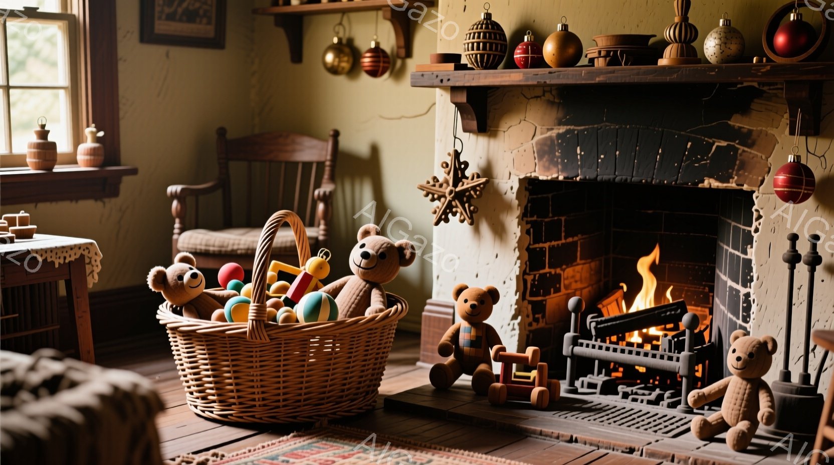 温かみのある暖炉のある部屋で、手編みのバスケットにはたくさんのテディベアのおもちゃが詰め込まれています。木製の床には、カラフルな模様のラグが敷かれており、暖炉の前には木製の椅子と火かき棒が置かれていま - AI生成フリー素材