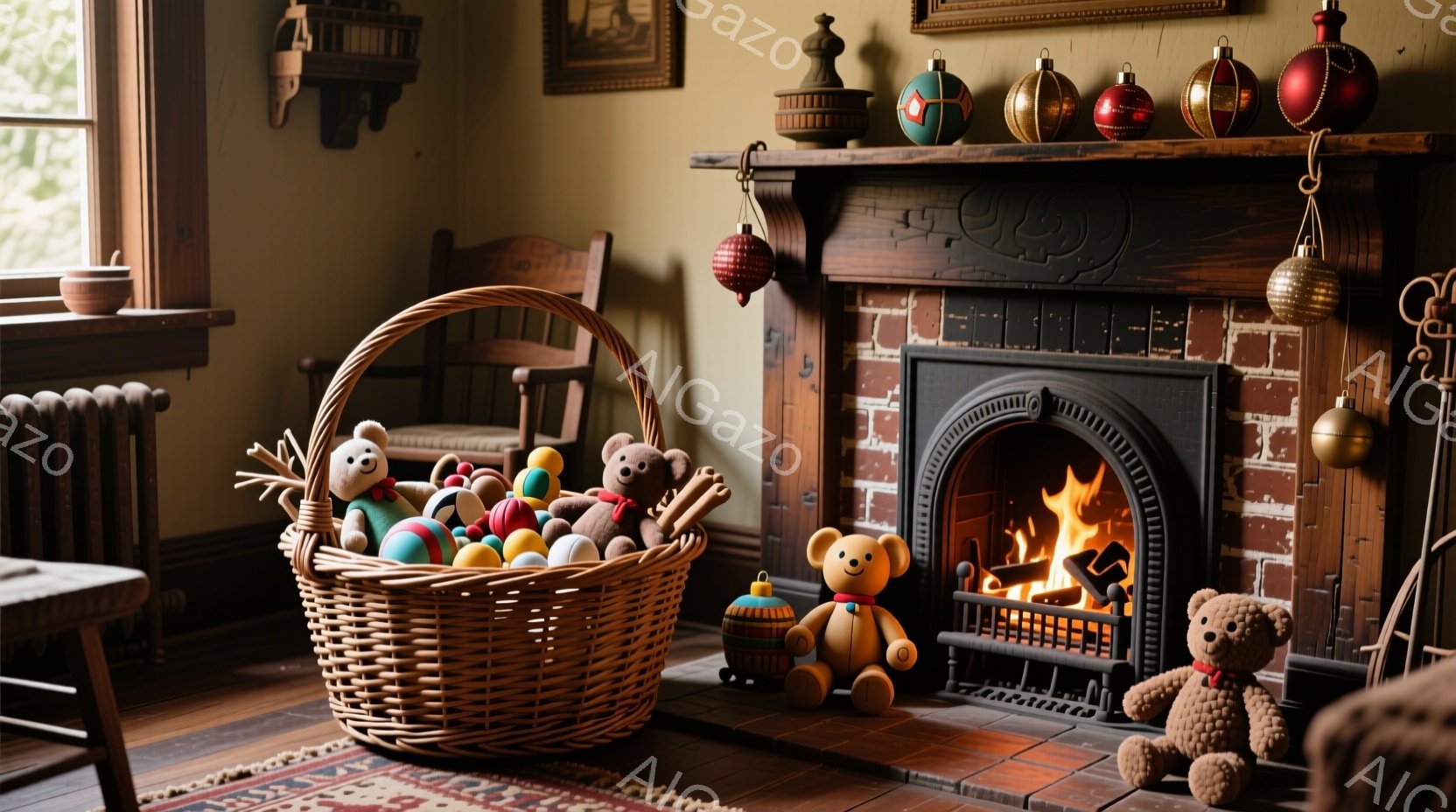 温かい暖炉の前に、たくさんのテディベアが置かれた室内です。籐の籠にはカラフルなテディベアが詰め込まれており、床にはペルシャ絨毯が敷かれています。暖炉の火が灯り、部屋全体が暖かく、居心地の良い雰囲気に包まれています。