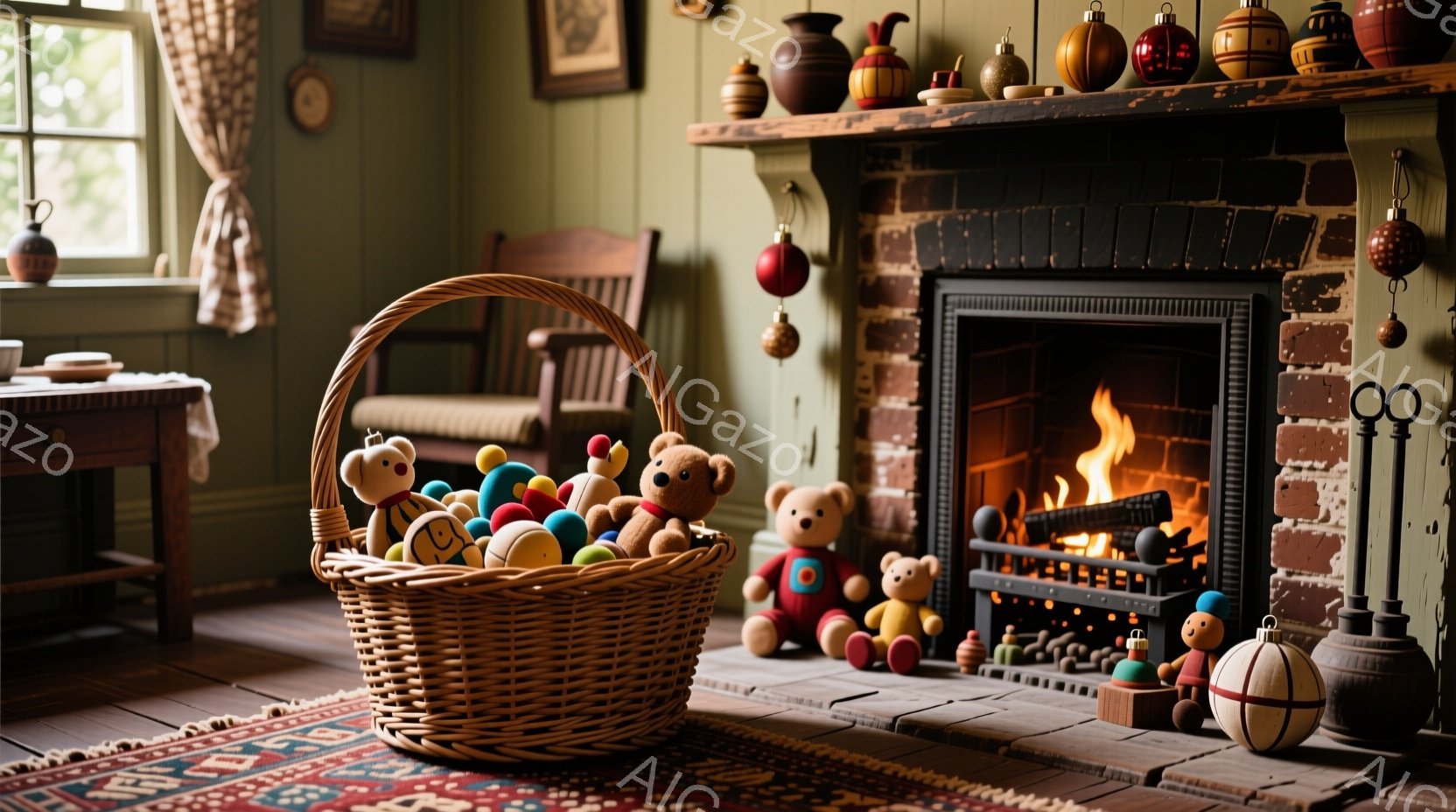 暖炉のある居間には、手編みのバスケットが置かれ、中には様々な色や形のテディベアや木製の人形がぎっしりと詰まっています。壁には絵画が飾られ、暖炉の上には陶器やオーナメントが並べられています。全体的に温かみのある色彩と雰囲気で、冬の穏やかな午後の情景が感じられます。