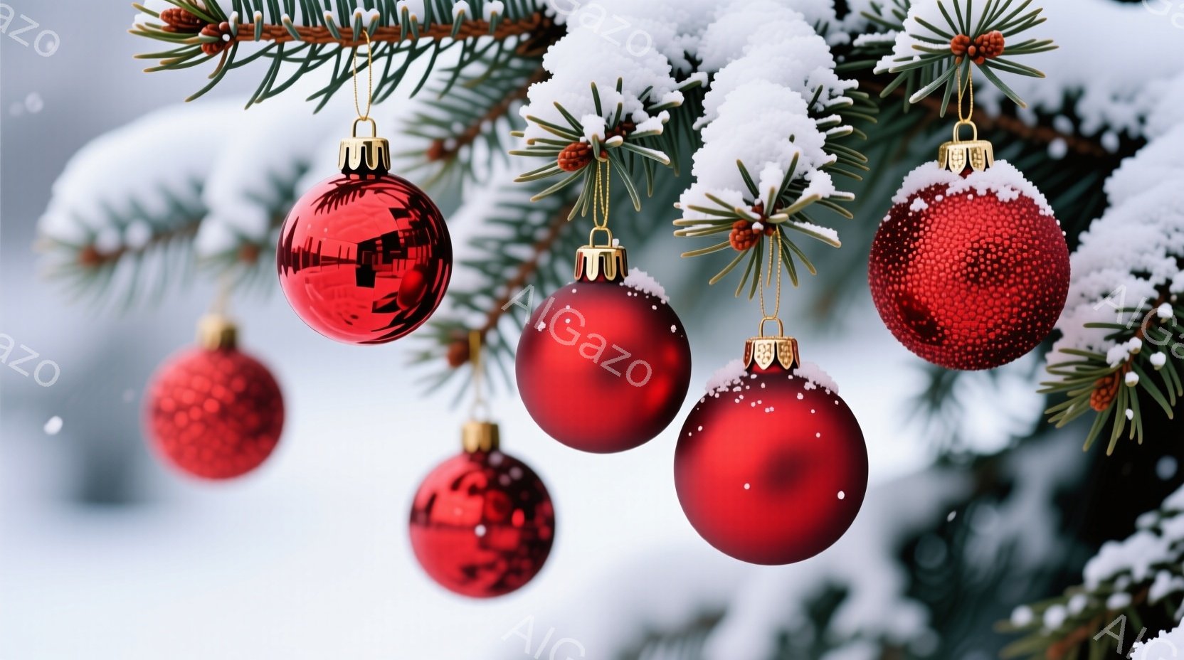 鮮やかな赤いクリスマスオーナメントが、雪化粧された常緑樹の枝に飾られています。それぞれのオーナメントは異なる質感を持っており、光沢のあるものや、細かい粒状の装飾が施されたものがあります。背景はぼやけて - AI生成フリー素材