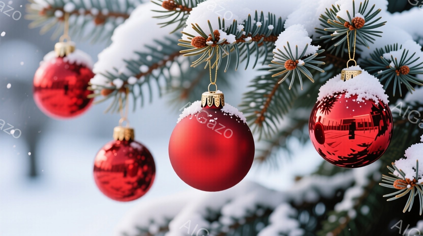 深紅色のクリスマスオーナメントが、雪に覆われた常緑樹の枝に吊り下げられています。オーナメントは光沢があり、背景のぼやけた風景を反射しています。雪が舞い散る冬の静かで美しい情景が表現されています。 - AI生成フリー素材