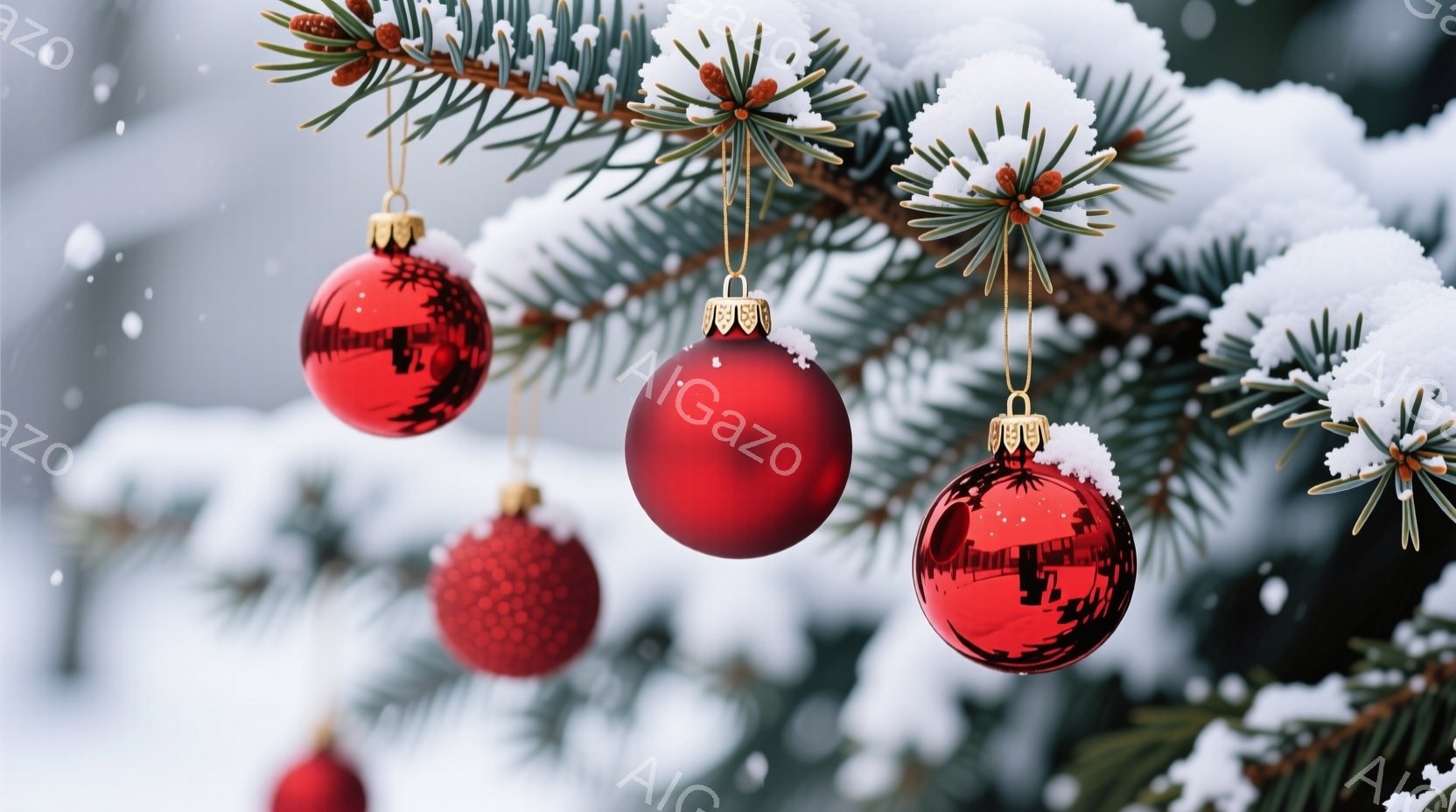 真っ赤なクリスマスオーナメントが、雪をまとうモミの木の枝に飾られています。それぞれのオーナメントは光を反射し、雪景色の中で鮮やかに輝き、冬の暖かさと静けさを感じさせます。背景はぼやけており、雪が舞う冬 - AI生成フリー素材