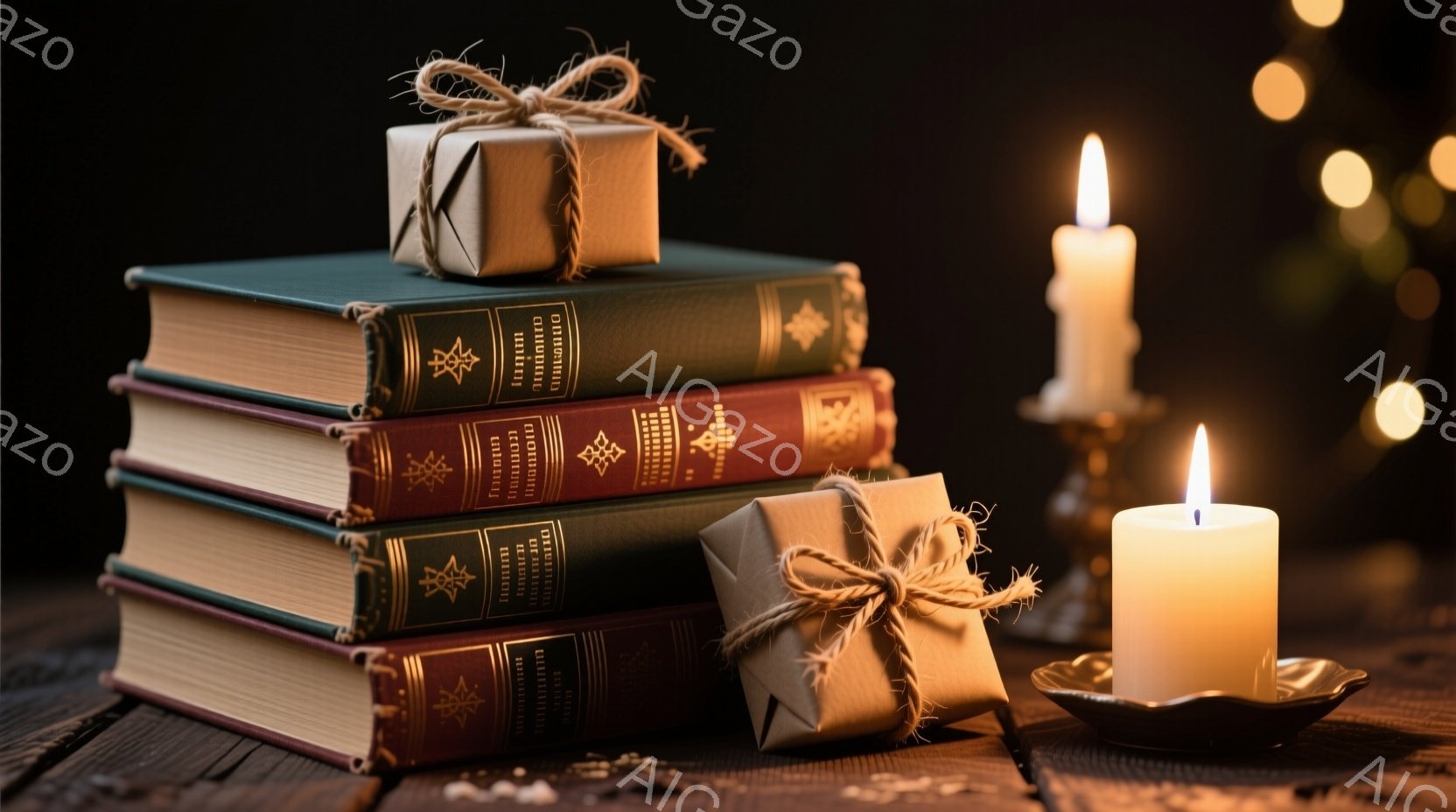 古書の山の上に包まれたプレゼントが置かれています。暖かく柔らかな光を放つキャンドルがその隣にあり、背景にはぼやけた黄金色の光が散らばっています。全体的に、落ち着いた温かい雰囲気で、静けさと神秘的な雰囲 - AI生成フリー素材