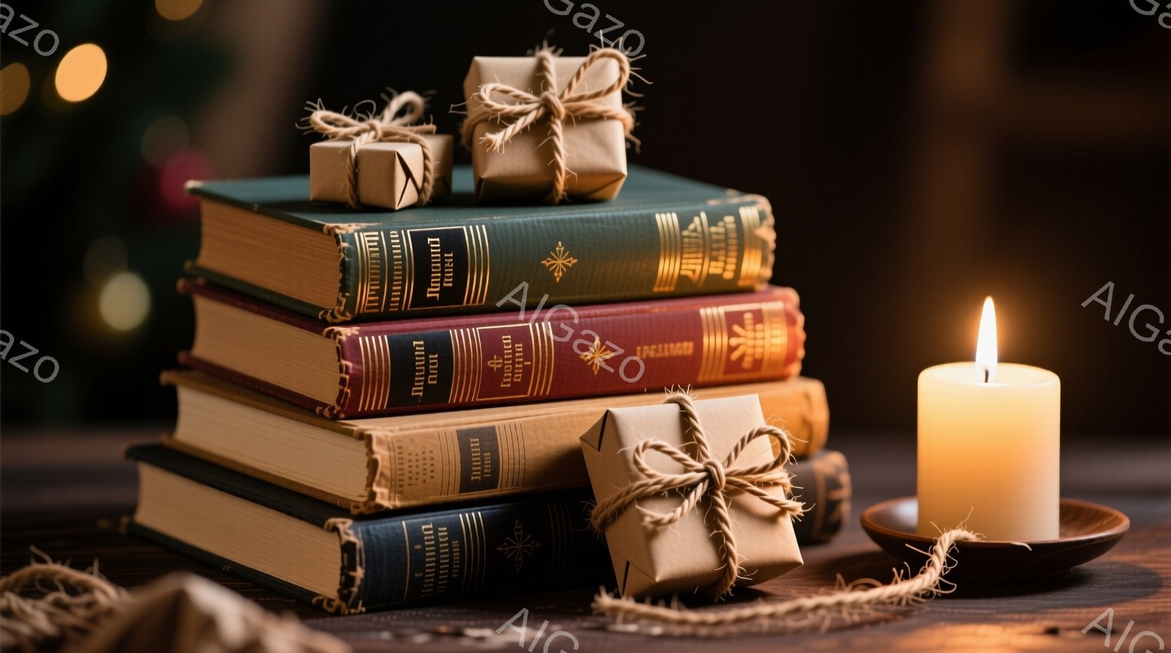 古書が積み重ねられ、その上に包装紙で包まれた小さなプレゼントが２つ置かれています。暖色のキャンドルが右側に配置され、穏やかな光を放ち、背景は暗く、ぼやけた光がわずかに見えます。全体的に、落ち着いた、温かく、ノスタルジックな雰囲気が漂っています。