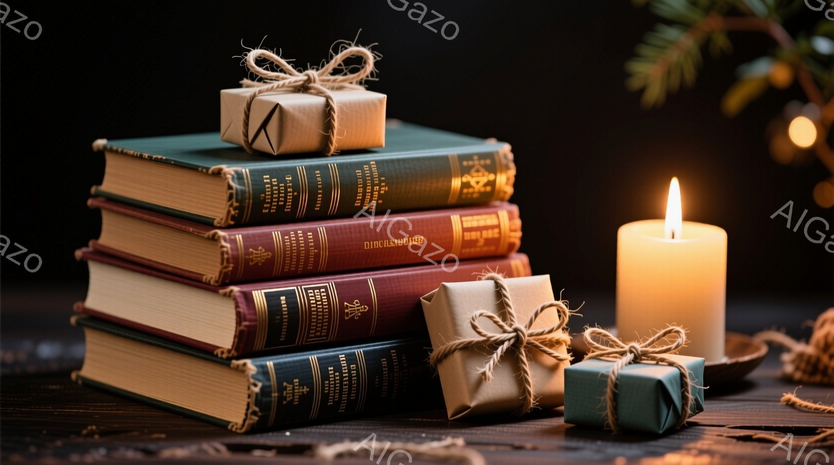 古い本が積み重ねられ、その上にクラフト紙で包まれたプレゼントが置かれています。背景には、薄暗い光の中で、ろうそくの炎と、ぼやけたクリスマスツリーの飾りが見えます。全体的に、暖かく、落ち着いた雰囲気で、冬の読書やクリスマスの準備を連想させる静けさがあります。