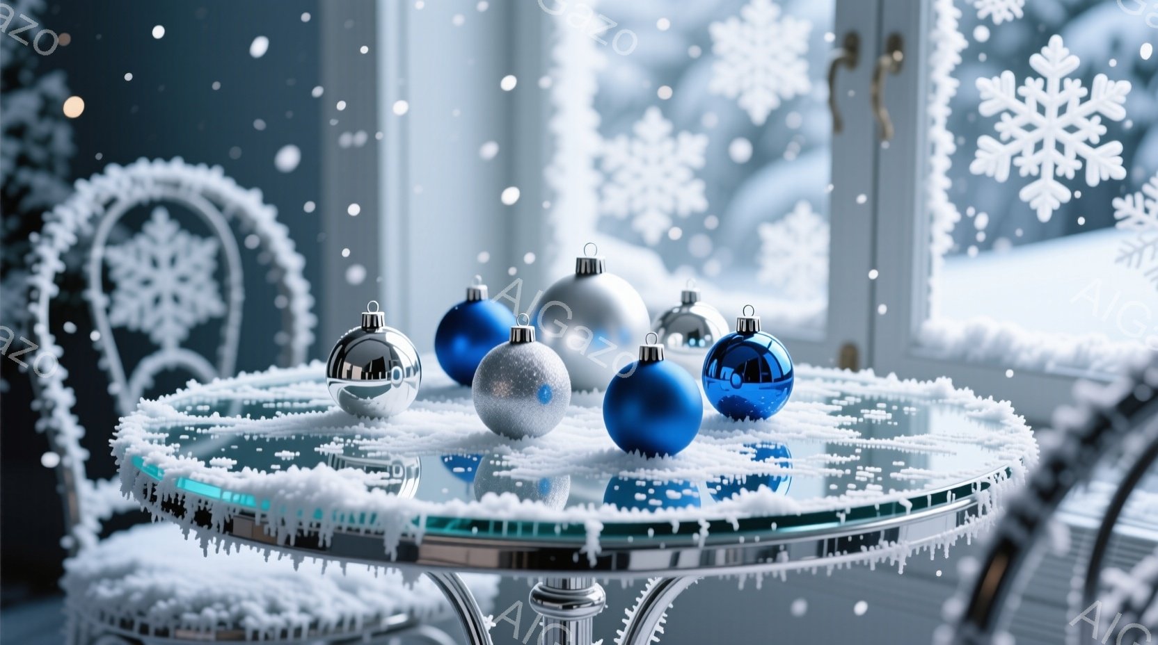 眩い雪景色を背景に、きらびやかなテーブルの上にクリスマスオーナメントが置かれている。テーブルは霜で覆われ、オーナメントは青と銀の色合いで、反射して輝いている。暖かく幻想的な雰囲気が漂い、冬の訪れを感じ - AI生成フリー素材