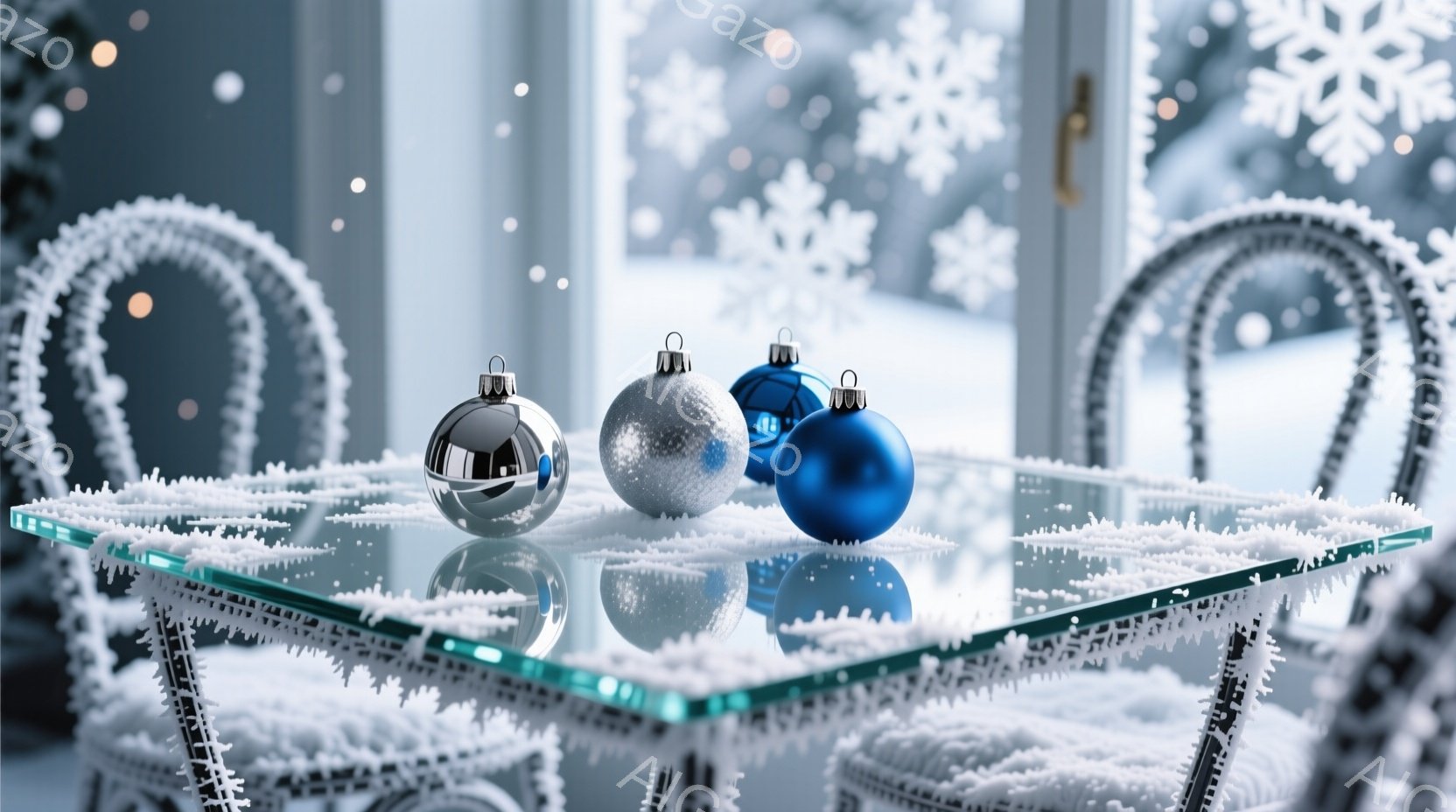 ガラス張りのテーブルの上に、銀色と青色のクリスマスオーナメントが並べられています。背景には雪景色が見え、テーブルと椅子の縁には雪が積もっている様子が描かれています。全体的に静かで、冬の温かい雰囲気を醸 - AI生成フリー素材
