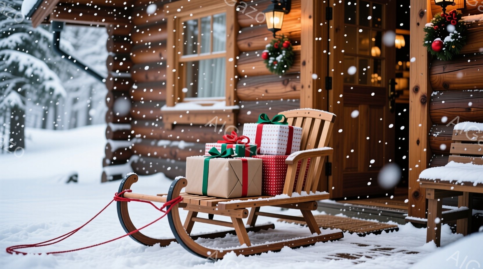 雪が降り積もる木の家のポーチに、プレゼントが積まれたそりが置かれています。背景にはクリスマスのリースや装飾が施され、冬の暖かさと安らぎの雰囲気が漂います。雪景色と木製の家の組み合わせが、静かで穏やかな季節の風景を表現しています。