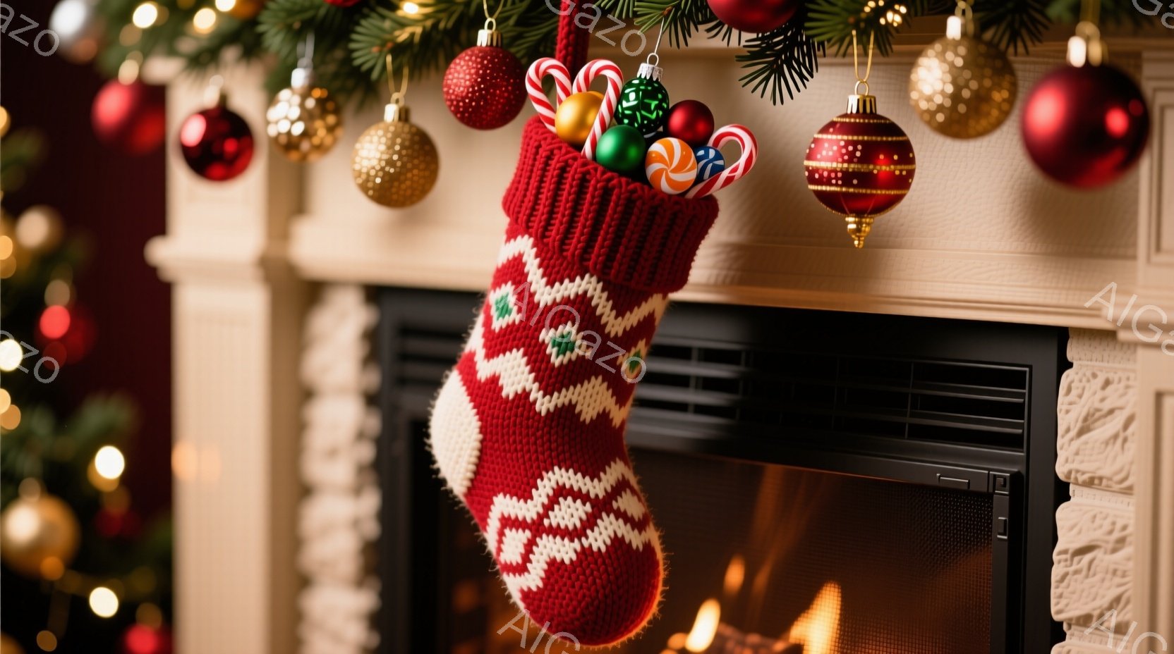 赤い編み物のクリスマスストッキングが暖炉の前にぶら下がっています。ストッキングの中にはキャンディケーンや小さなボールなどのクリスマスの飾りが入っており、キラキラと輝くクリスマスツリーのライトが背景にぼ - AI生成フリー素材