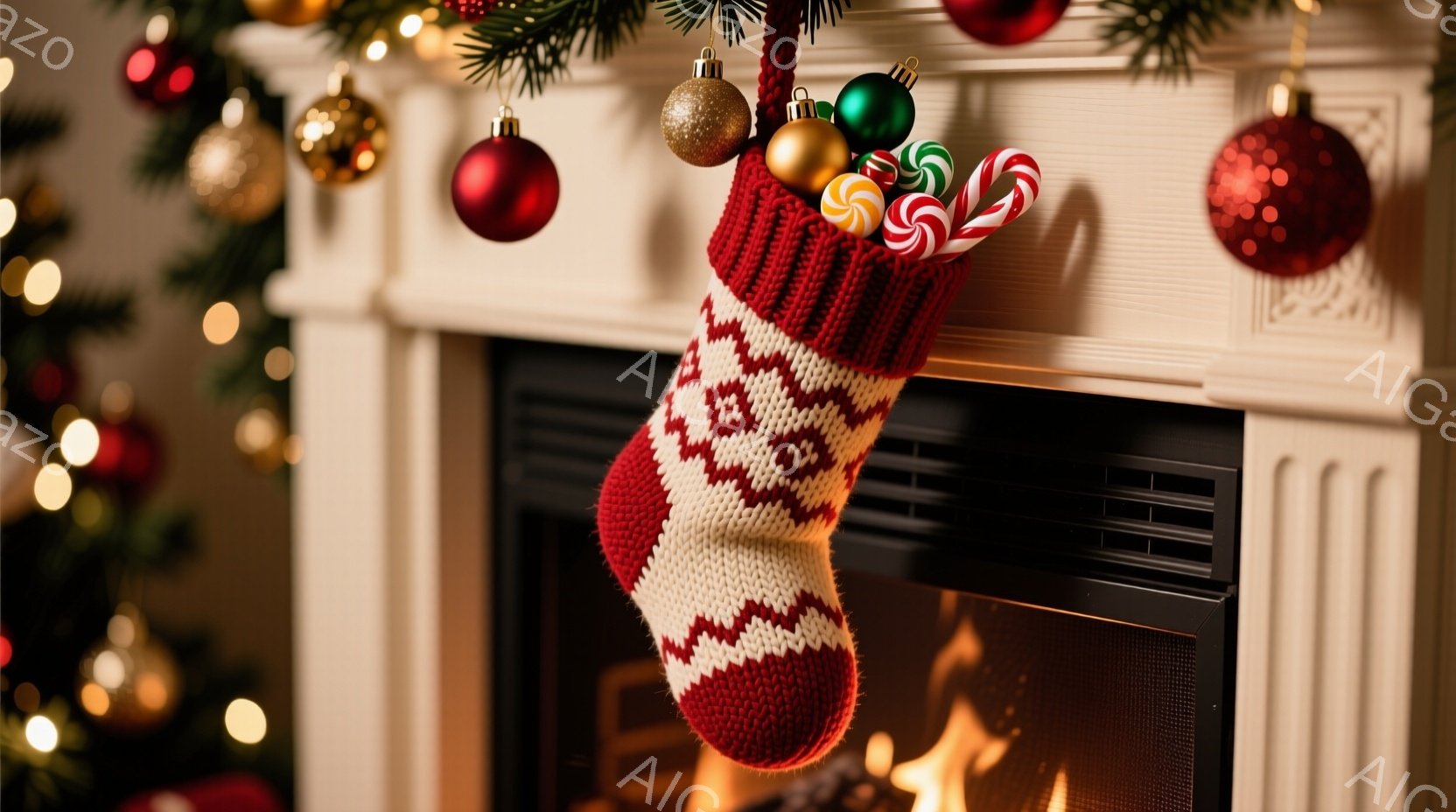 クリスマスらしい暖炉のそばに編み模様の赤い靴下がぶら下がっています。中にはキャンディや棒付きキャンディが顔を出し、背景にはキラキラと輝くクリスマスツリーのオーナメントや暖炉の炎が見えます。全体的に温か - AI生成フリー素材