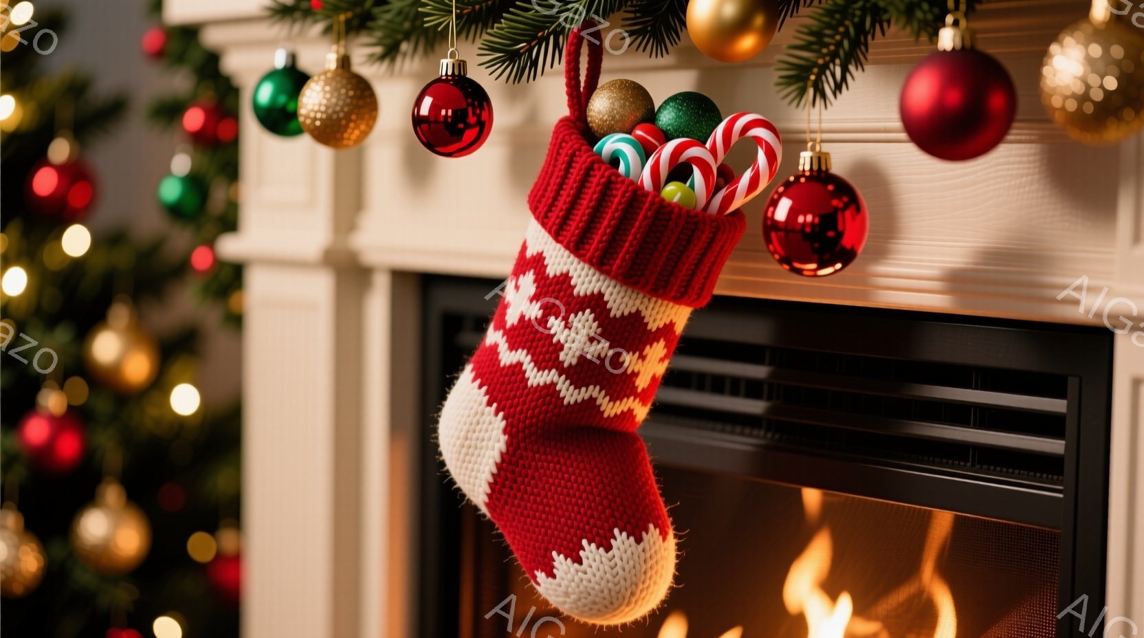 赤いクリスマスストッキングが暖炉のそばにぶら下がっており、中にはキャンディケーンや様々な小さなプレゼントが詰まっている。背景にはぼやけたクリスマスツリーの装飾と暖炉の炎が見え、温かくお祝いの雰囲気を作 - AI生成フリー素材
