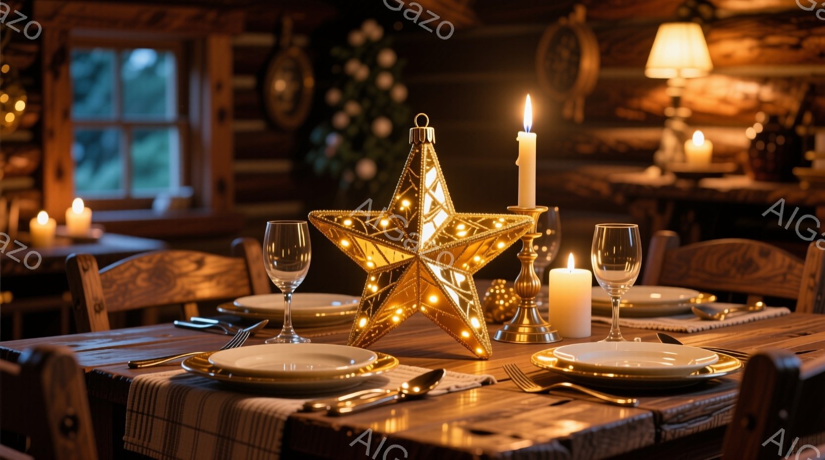 温かい光に包まれたダイニングテーブルが写っている。テーブルには白い食器、グラス、カトラリーが整えられ、中央には光る金色の星形の装飾が置かれている。背景には木製の壁と窓から見える暗い景色が見え、キャンド - AI生成フリー素材