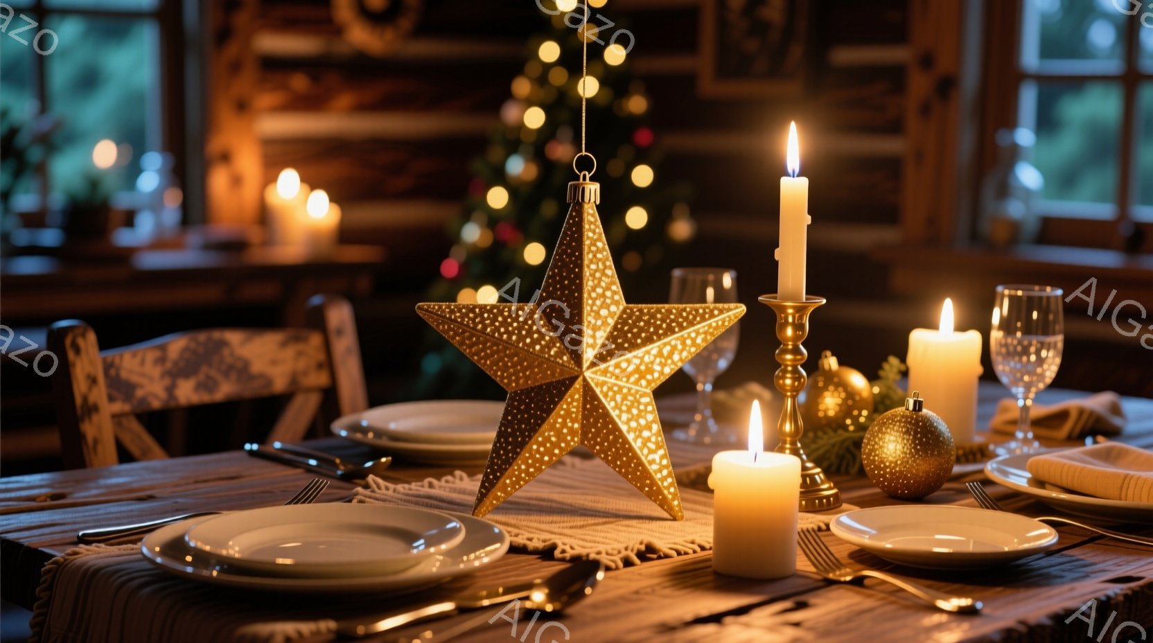 凍り付いたベランダに、カラフルなプレゼントが積み重ねられた籐製のベンチが置かれています。背景には雪が降り積もる木々と、ぼんやりとした建物が見え、全体的に温かく穏やかなクリスマスの雰囲気が漂っています。ベランダの壁に取り付けられた灯篭からは暖かな光が灯り、雪景色を優しく照らしています。