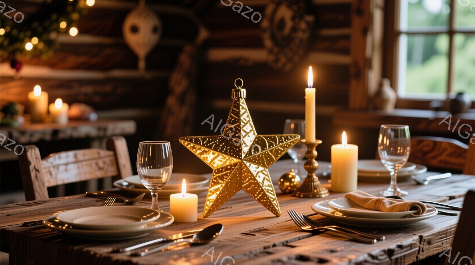 暖炉のある木のテーブルに、クリスマスの食事がセットされた様子が写っている。テーブルの上には、白皿、銀食器、グラス、そして点灯したキャンドルが置かれ、中央には輝く金色の星型のオーナメントが飾られている。 - AI生成フリー素材