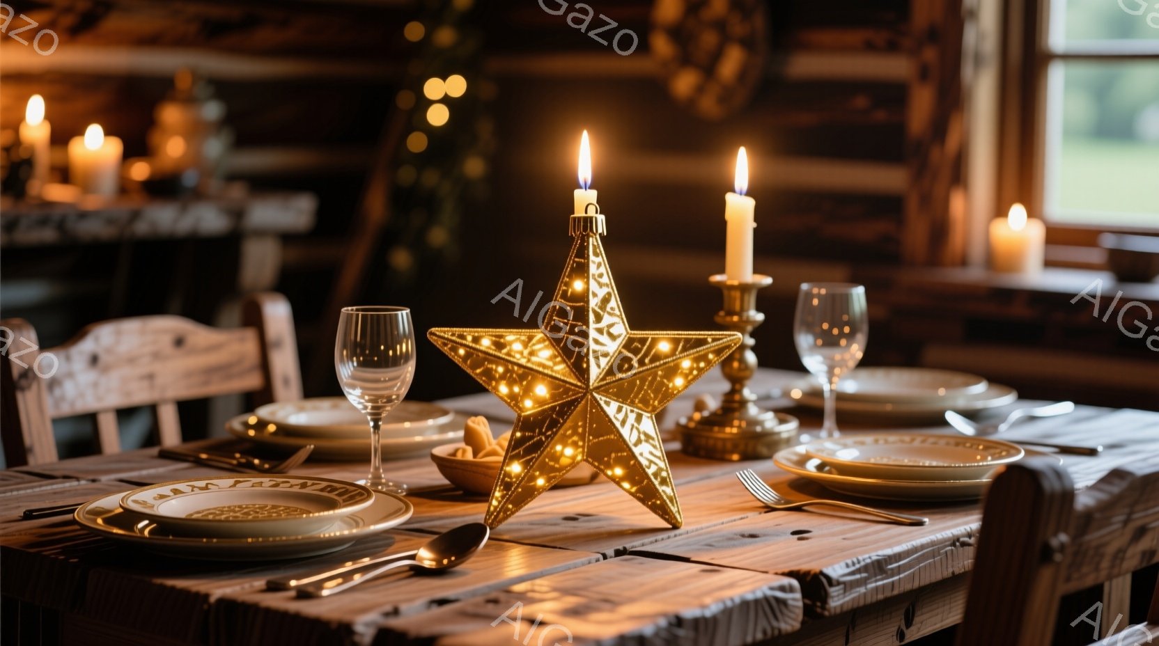 暖炉のある部屋で、木製の鉢に金、銀、透明のクリスマスオーナメントが並べられています。周りには緑の常緑樹の枝が添えられ、ニットのドイリーが敷かれた木のテーブルの上に置かれています。全体的に温かみがあり、穏やかなクリスマスの雰囲気が漂います。