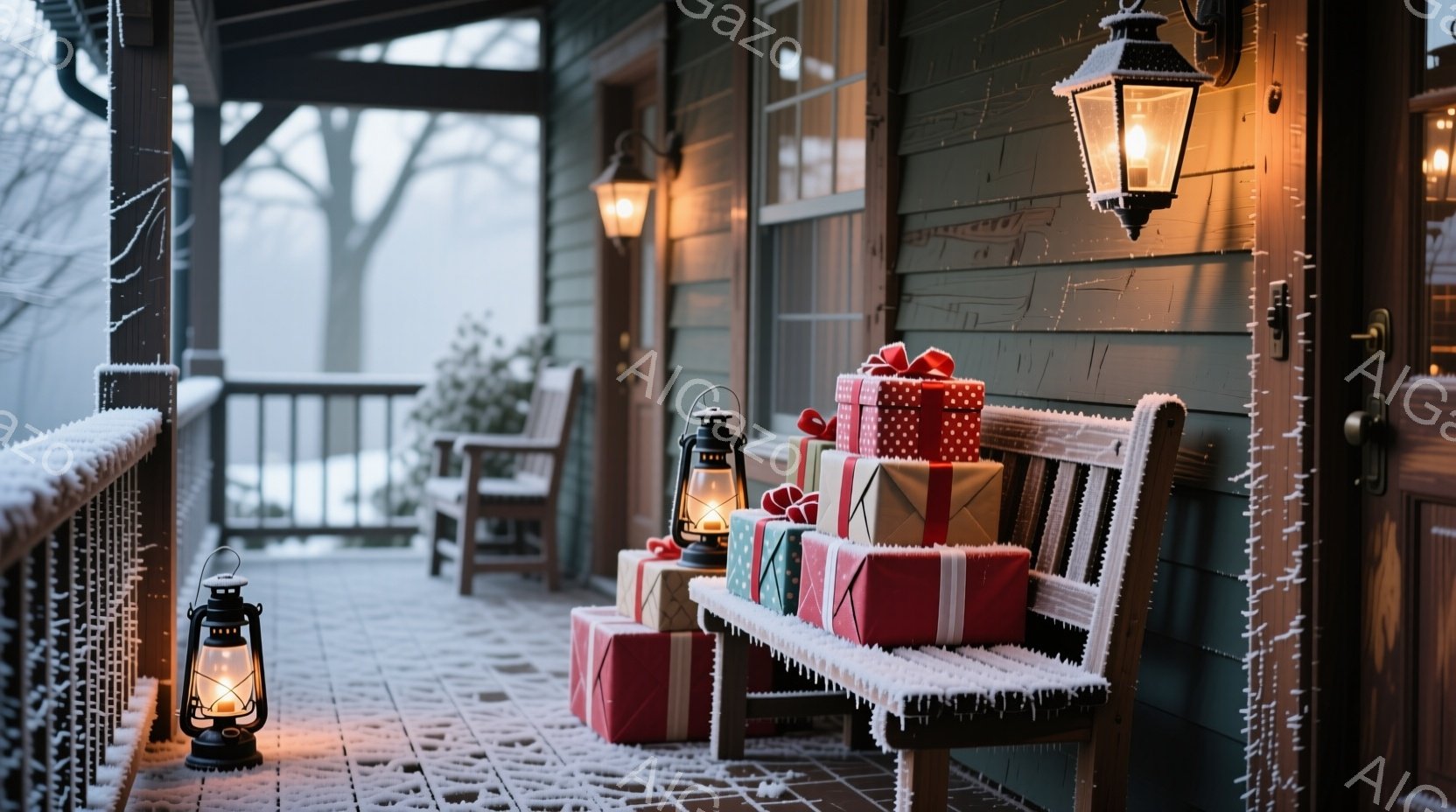 雪が降り積もったベランダには、様々な大きさのラッピングされたプレゼントが積み重ねられています。壁に取り付けられたランタンが温かい光を放ち、木製のベンチと暖炉のレンガ壁が冬の静けさを演出しています。全体 - AI生成フリー素材