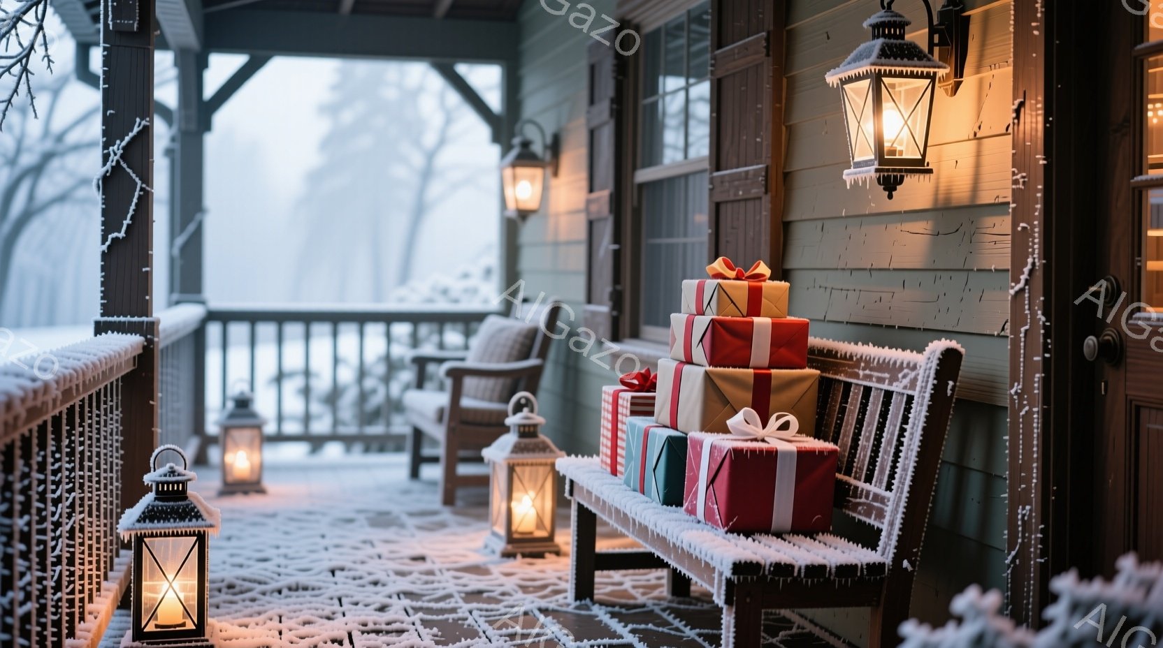 雪が降るベランダに、ラッピングされたプレゼントの山が籐製のベンチに置かれています。背景にはぼやけた雪景色と、暖かく光るランタンがいくつか配置され、クリスマスの温かい雰囲気を醸し出しています。ベランダの壁は薄緑色で、雪の結晶がわずかに付着しており、静かで穏やかな冬の情景が広がっています。