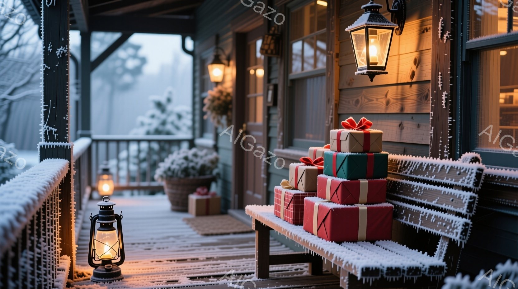 雪が降り積もった木製のベランダに、赤や緑のリボンで飾られたプレゼントの箱が積み重ねられています。壁に取り付けられたランタンや、白い花が飾られた鉢植えが暖かな光を灯し、冬の静寂の中で温かい雰囲気を醸し出 - AI生成フリー素材