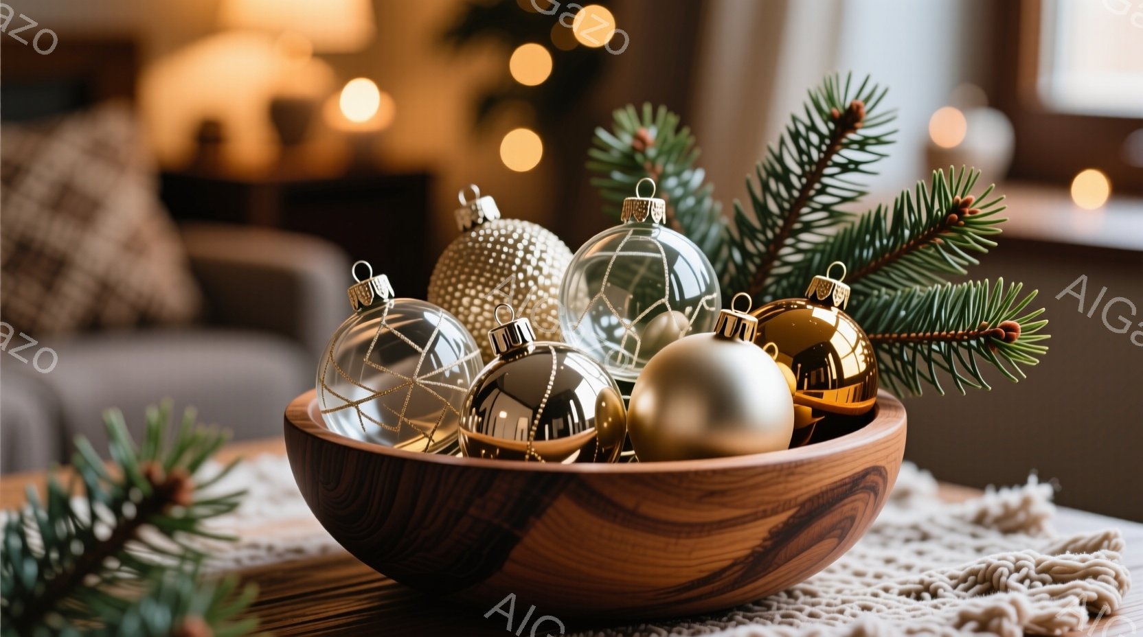 暖炉のある部屋の木製のテーブルの上に、金、銀、透明のクリスマスオーナメントが入った木製のボウルが置かれています。周りには緑の葉っぱや松ぼっくりが飾られ、背景はぼかされていますが、ソファの一部が見えます - AI生成フリー素材