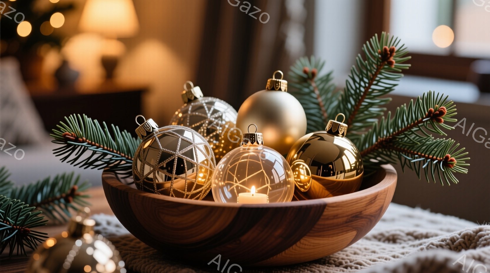 木のボウルの中に、金と銀のクリスマスオーナメントと、灯りが点ったガラス製のオーナメントが置かれています。背景には、毛布のような布とぼやけた暖色の光が見え、クリスマスの温かく穏やかな雰囲気を醸し出しています。緑色の針葉樹の枝が装飾を囲み、季節感を高めています。