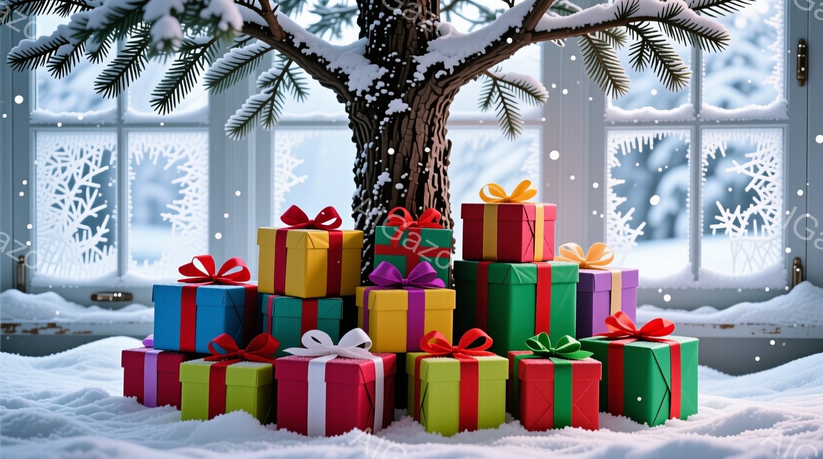 雪が降る窓辺に、色とりどりのプレゼントの山が積み上げられています。プレゼントには赤いリボンや紫色のリボンなどが結ばれ、クリスマスの雰囲気を盛り立てています。背景には雪景色が広がり、暖かく幸せな冬のイメ - AI生成フリー素材