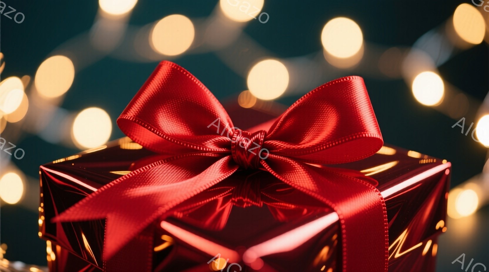 深紅色のギフトボックスが中央に配置され、鮮やかな赤いリボンで丁寧に飾られています。背景には、ぼやけた金色の光が散りばめられ、暖かくロマンチックな雰囲気を醸し出しています。全体的に、贈り物への期待感や特 - AI生成フリー素材