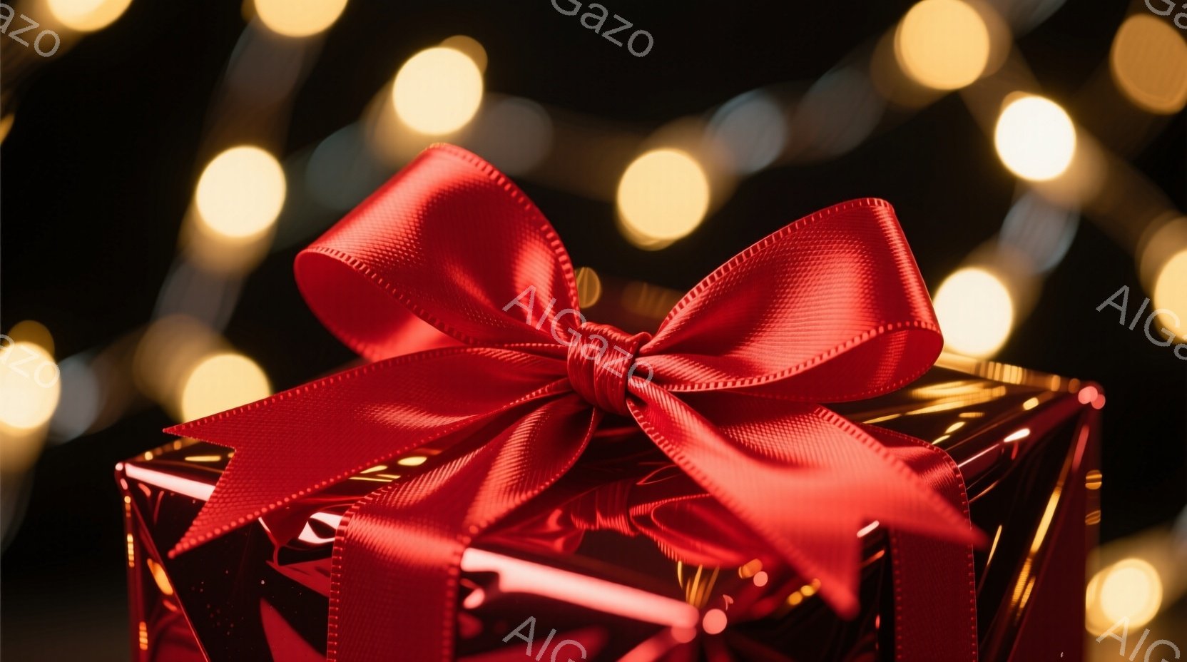 深い赤色のリボンで飾られた光沢のある赤いギフトボックスが中央に配置されています。背景はぼやけた金色の光で満たされており、お祝いや特別な機会を暗示しています。全体的に、温かさと期待感に満ちた、華やかで魅 - AI生成フリー素材